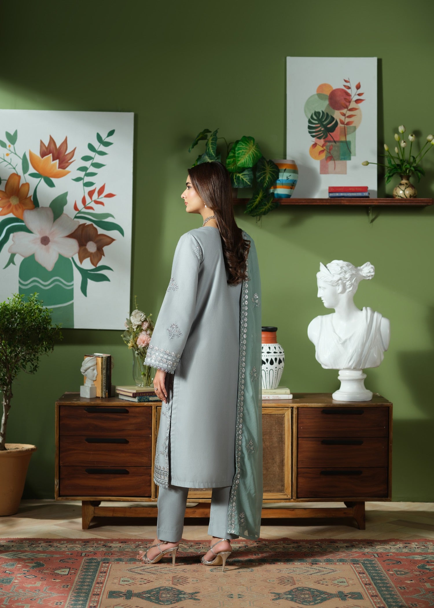 cambric cotton Kurta Set in Pastel grey