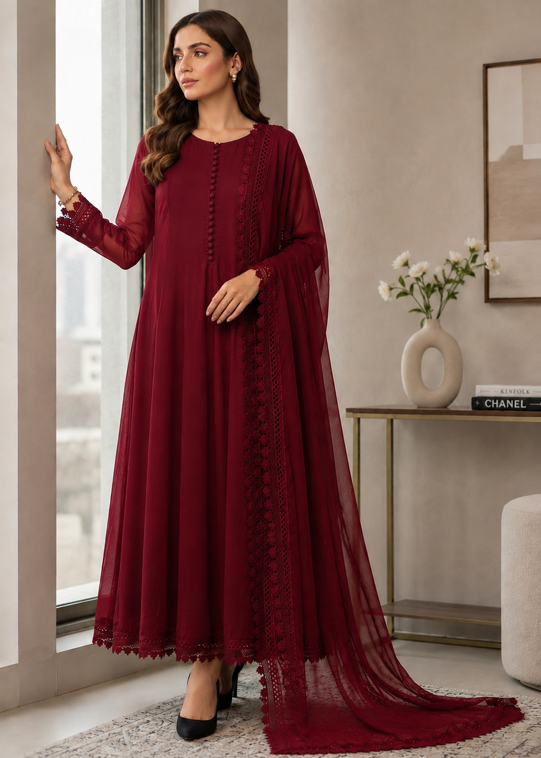 bemberg crinkle chiffon Maxi in Maroon