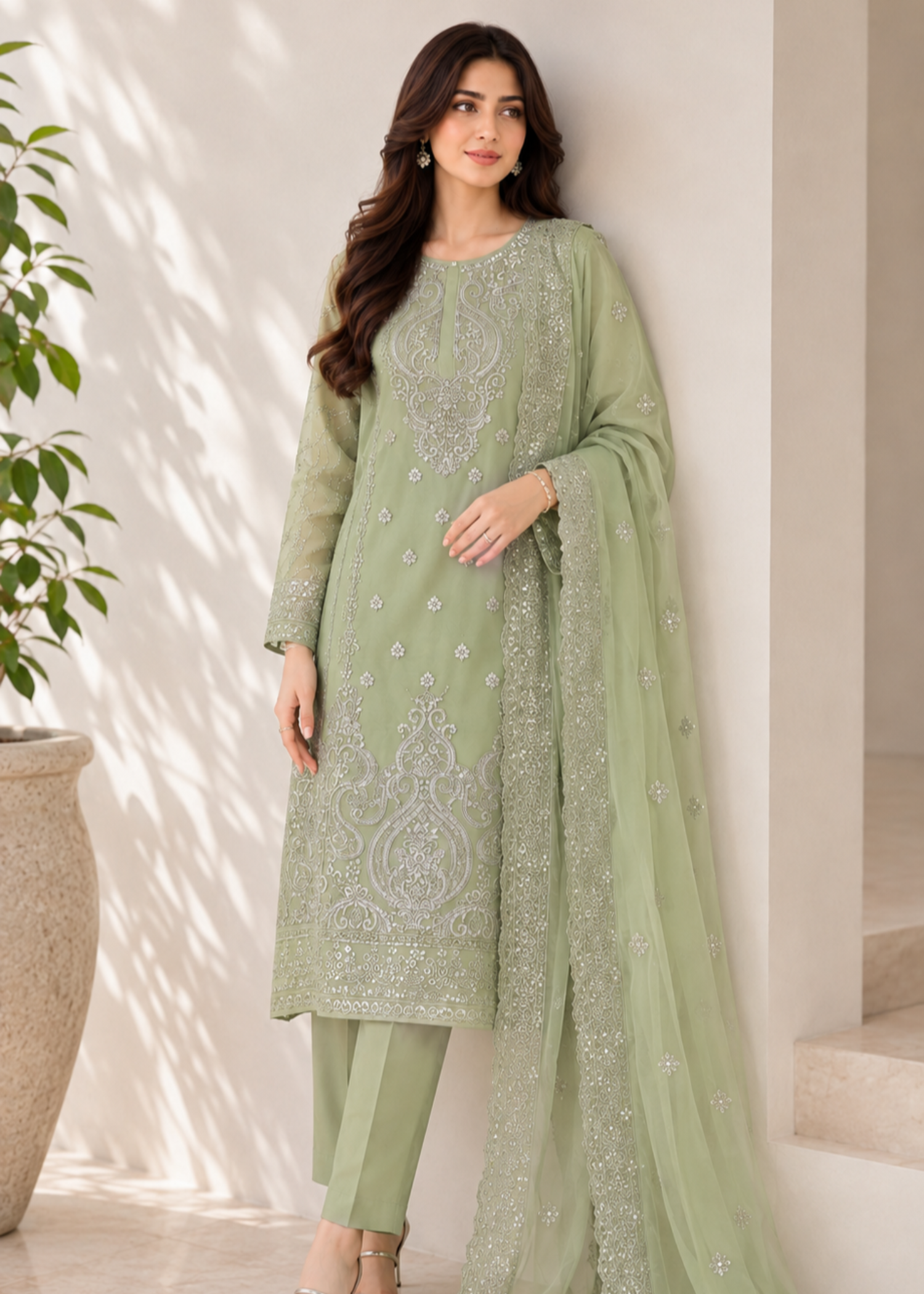 organza Kurta Set in Sage green
