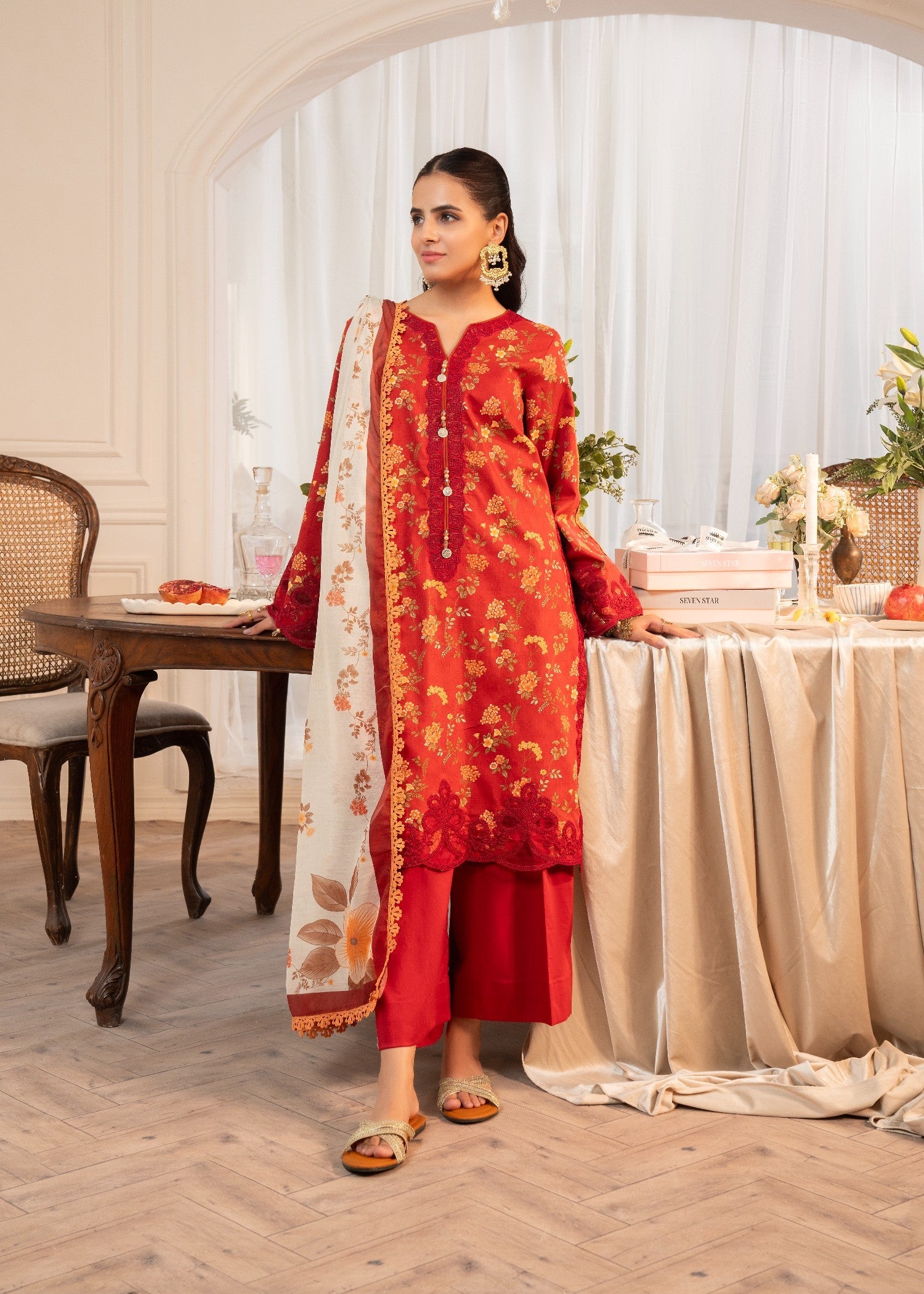 lawn cotton Kurta Set in Fire red