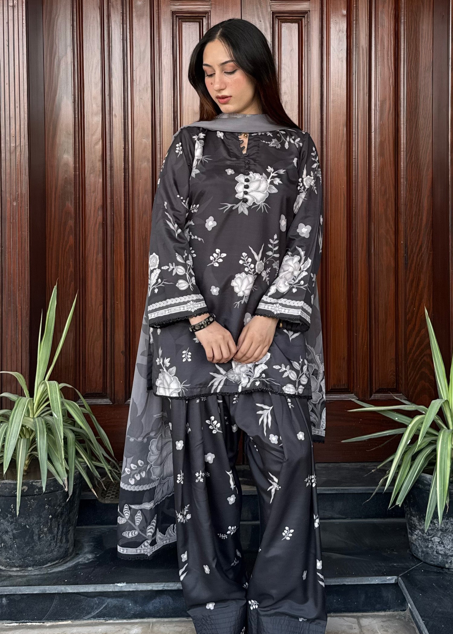 silk finish lawn Kurta Set in Black