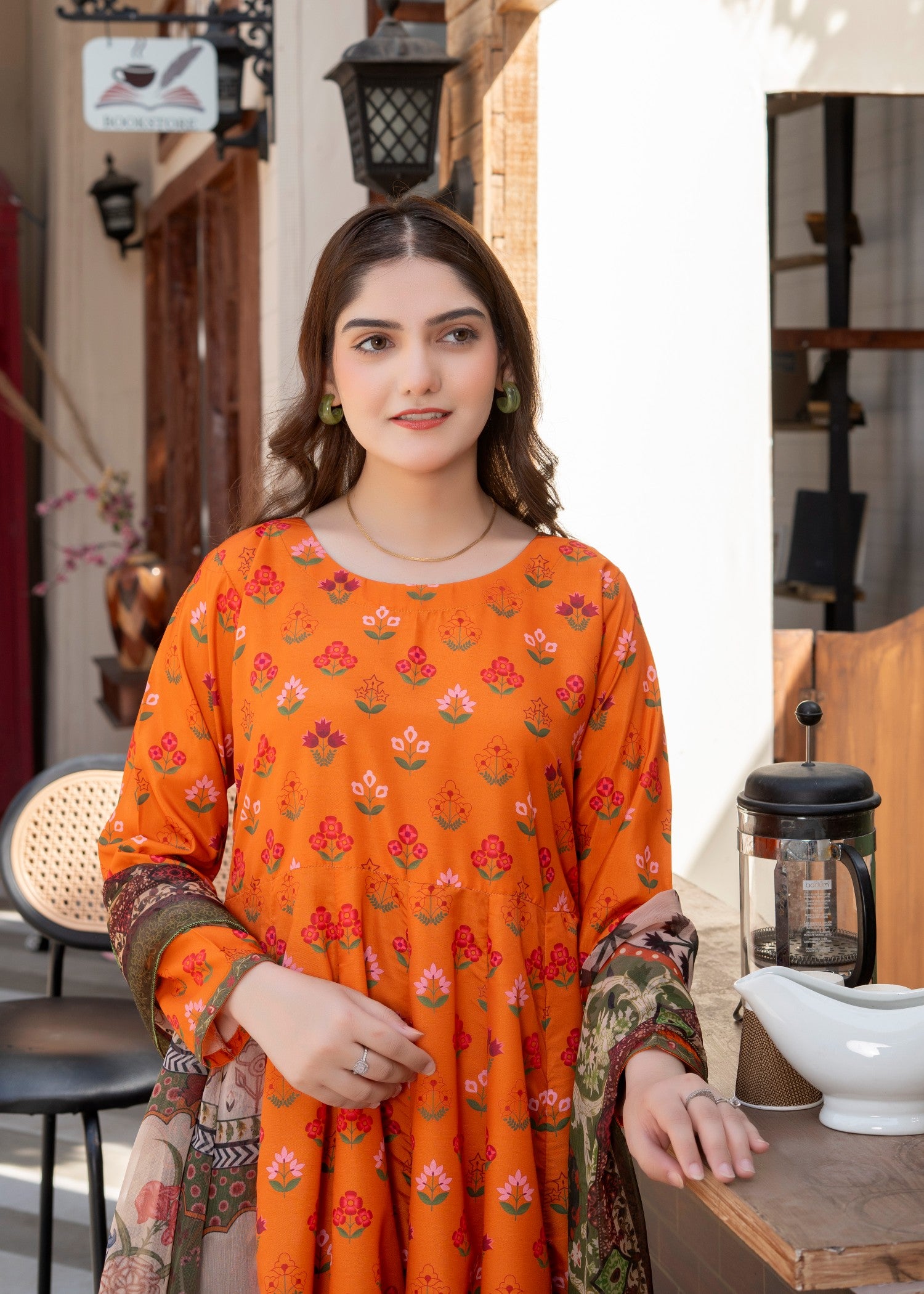 poly lawn Anarkali in Pumpkin orange