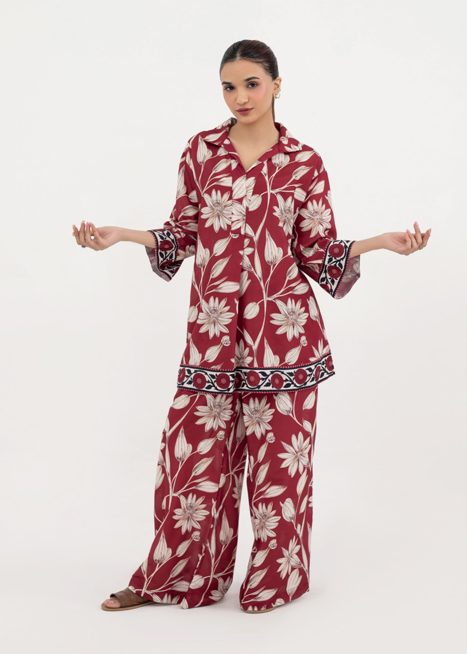 silk finish lawn Co ord Sets in Maroon