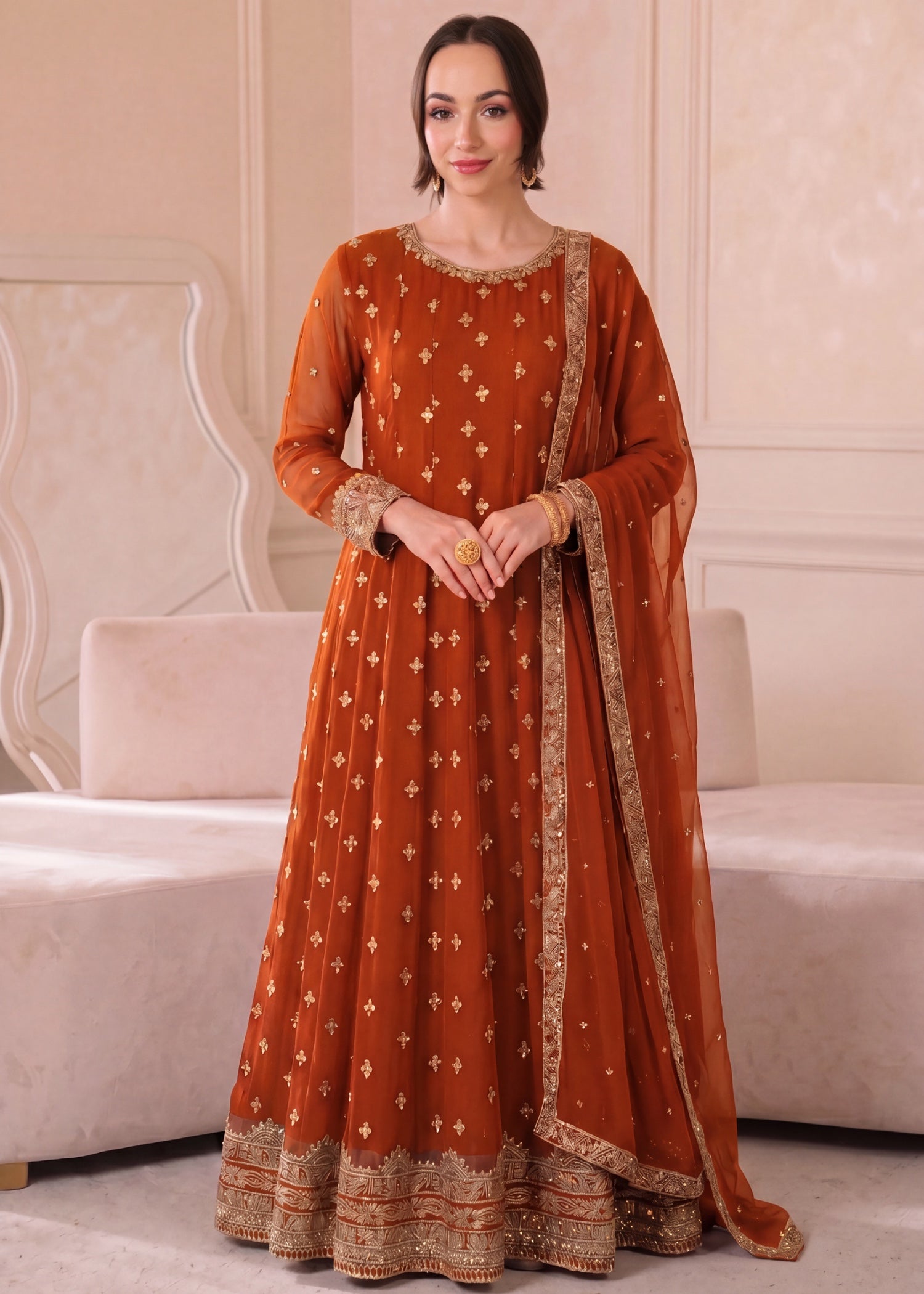 chiffon Pishwas in Rust orange