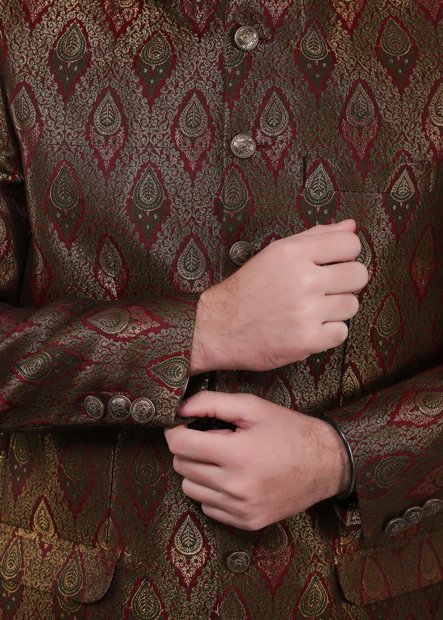 banarsi silk Prince Coat in Olive green