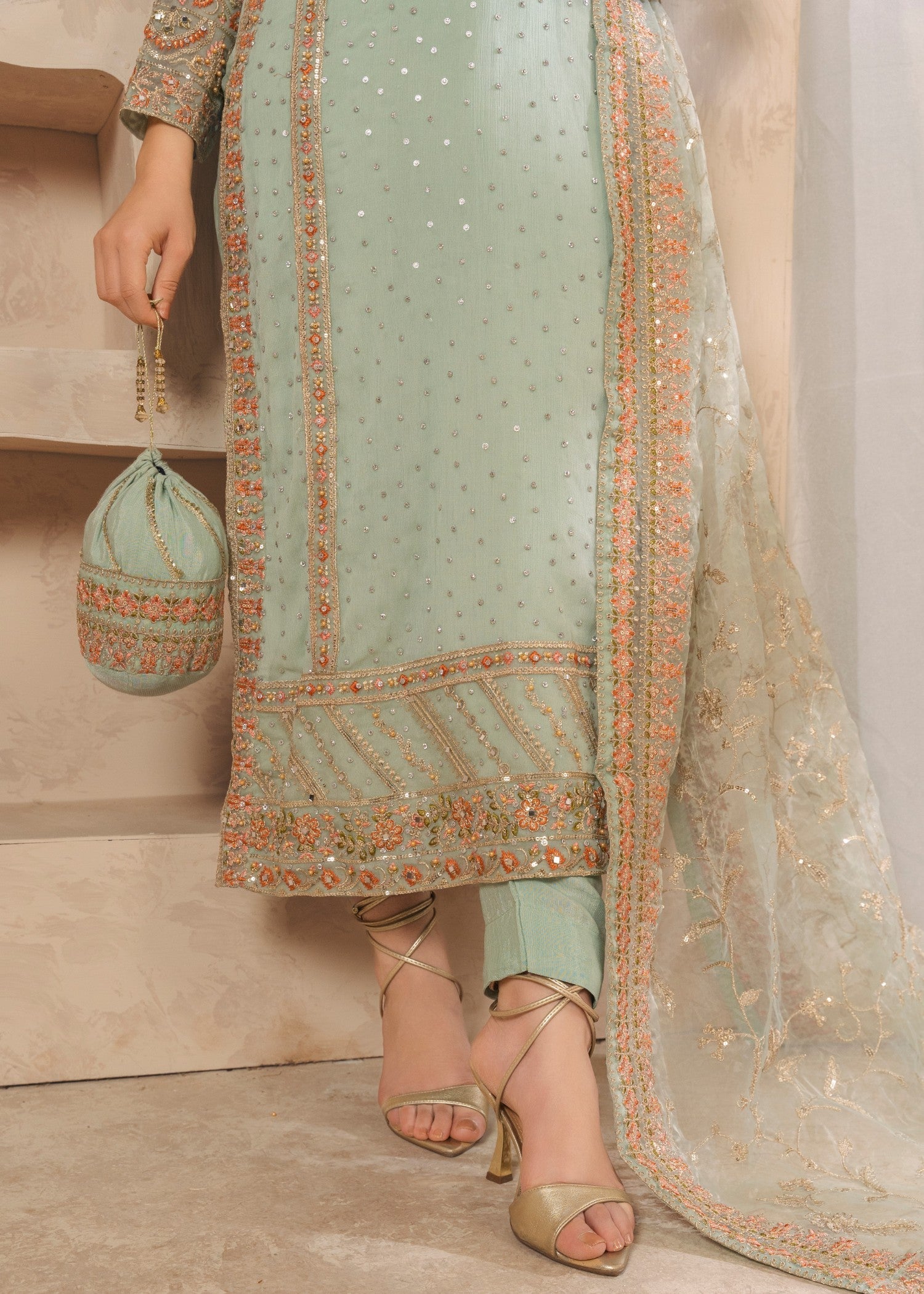 chiffon Kurta Set in Pastel green