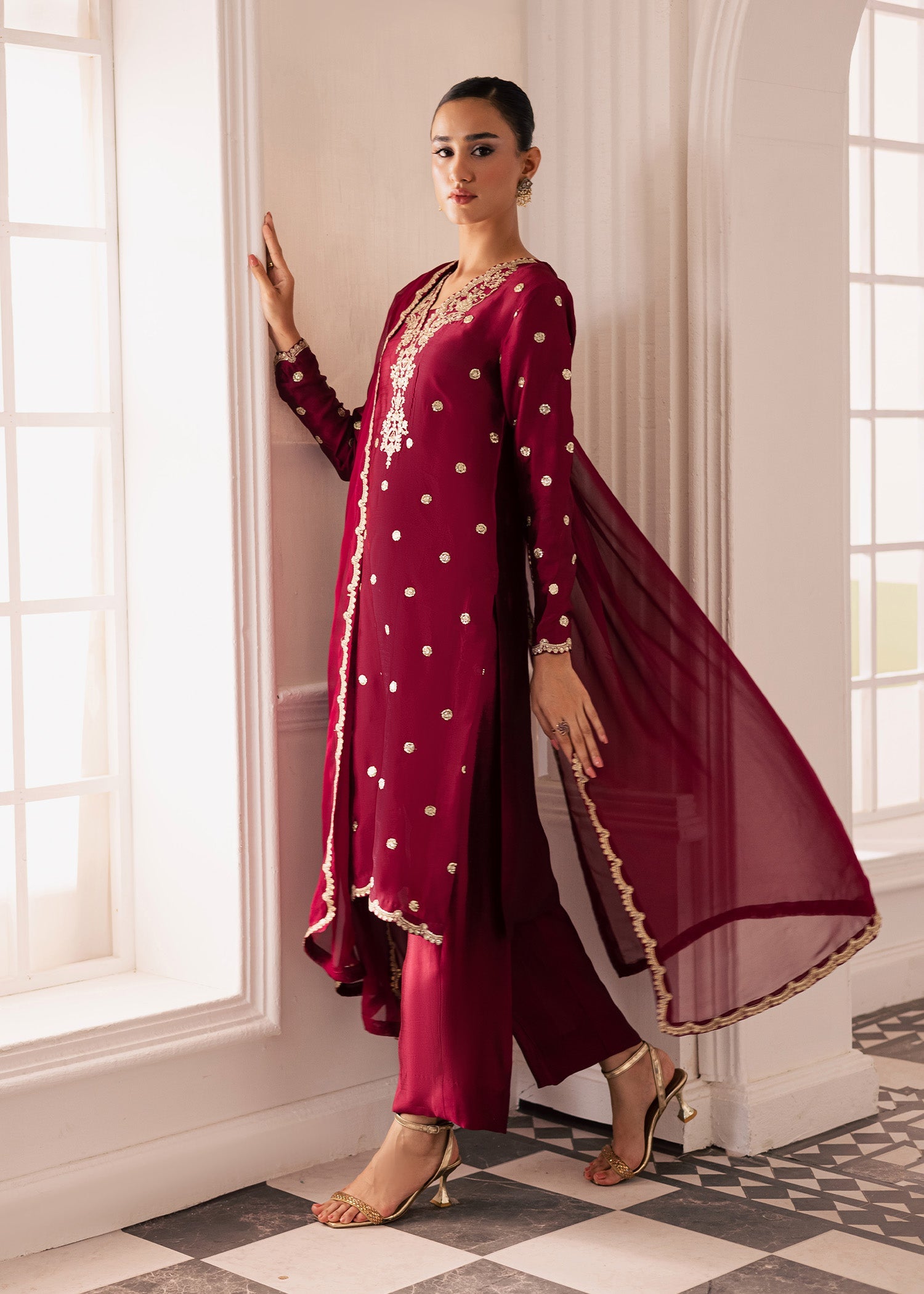 thai silk Kurta Set in Burgundy