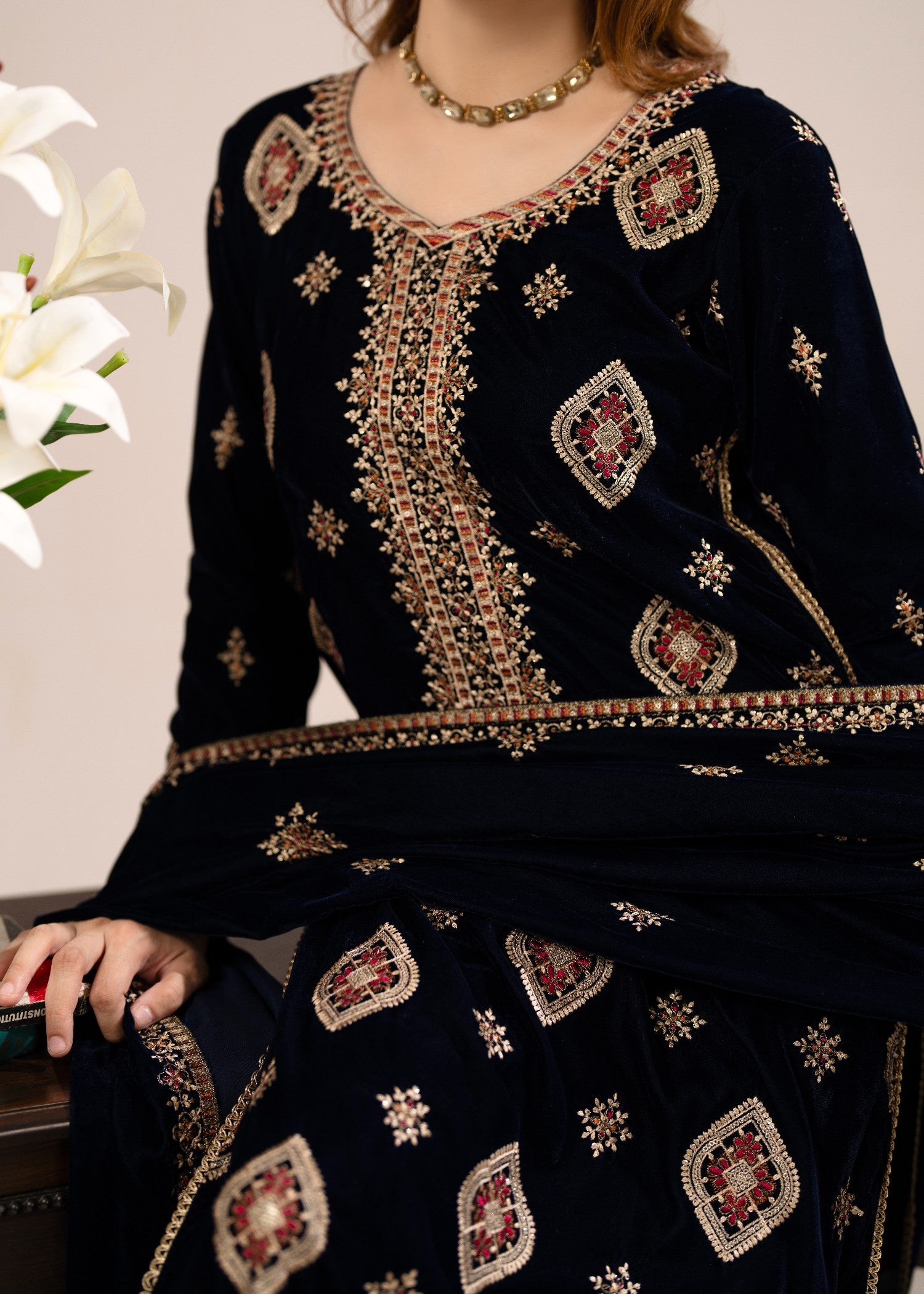 chinese micro velvet 9000 Unstitched in Navy blue