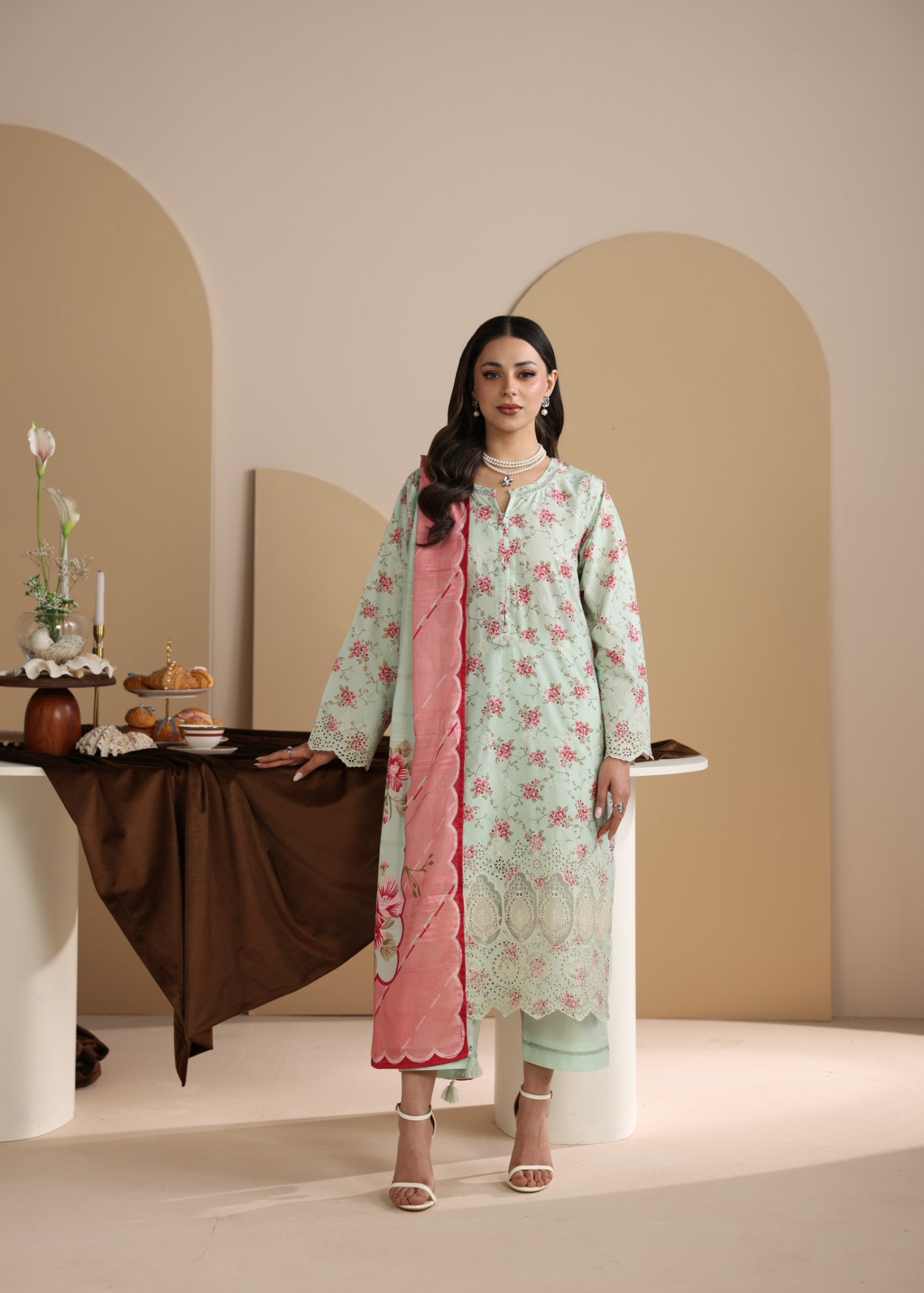 lawn Kurta Set in Tea green