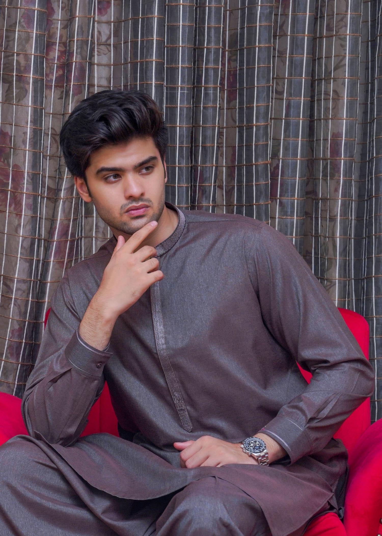 textured wash & wear Shalwar Kameez in Grey by Real Image Clothing