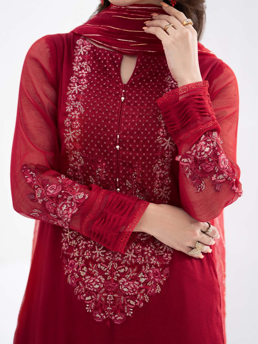yarn dyed khaddi Kurta Set in Red