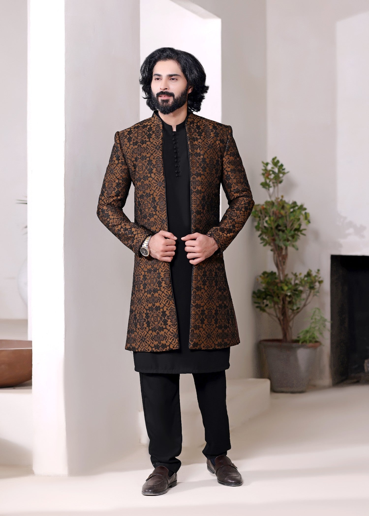 cotton silk banarasi Sherwani in Brown by The Great Masters (TGM)