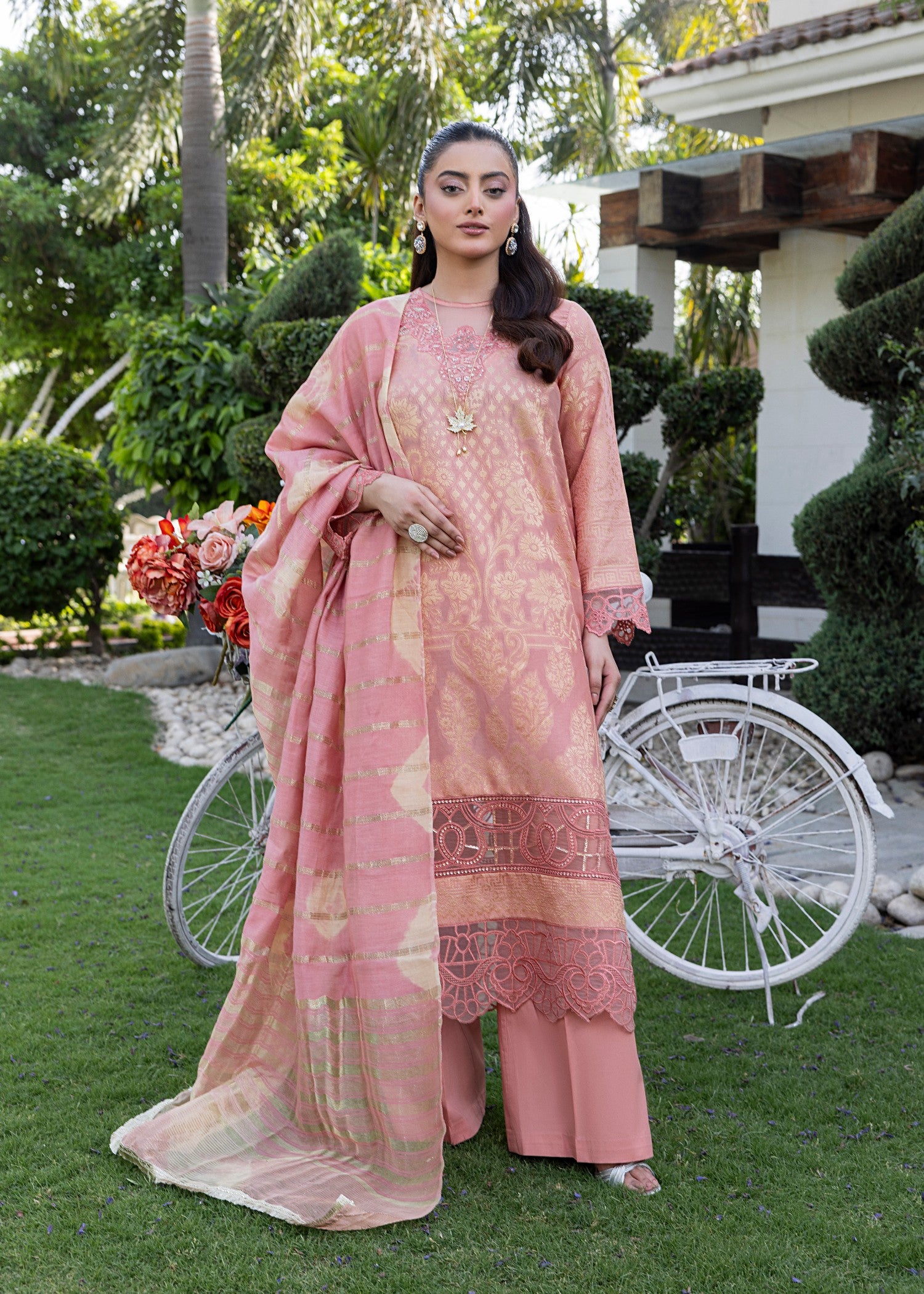 jacquard Kurta Set in Coral orange