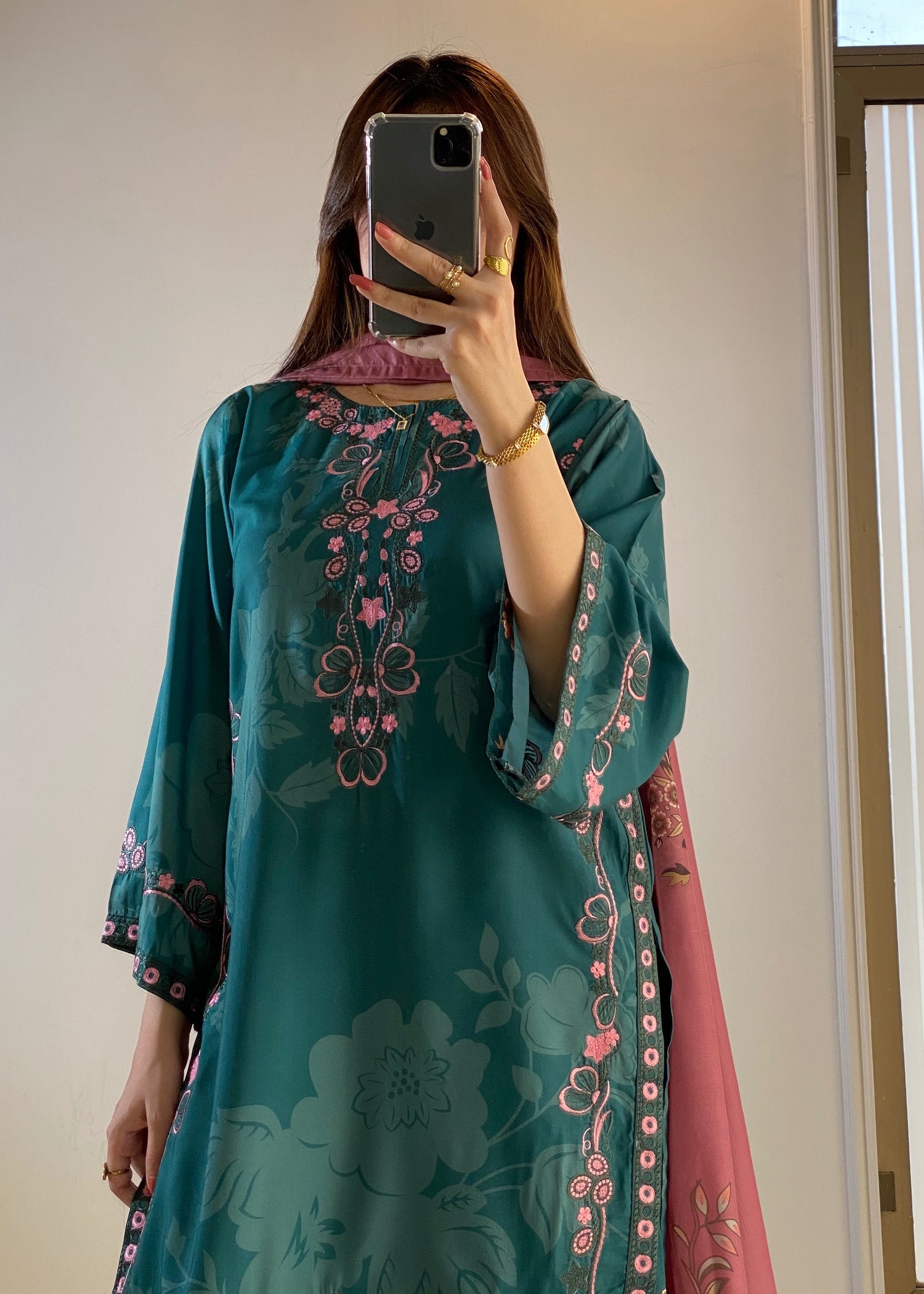 poly lawn Kurta Set in Bottle green