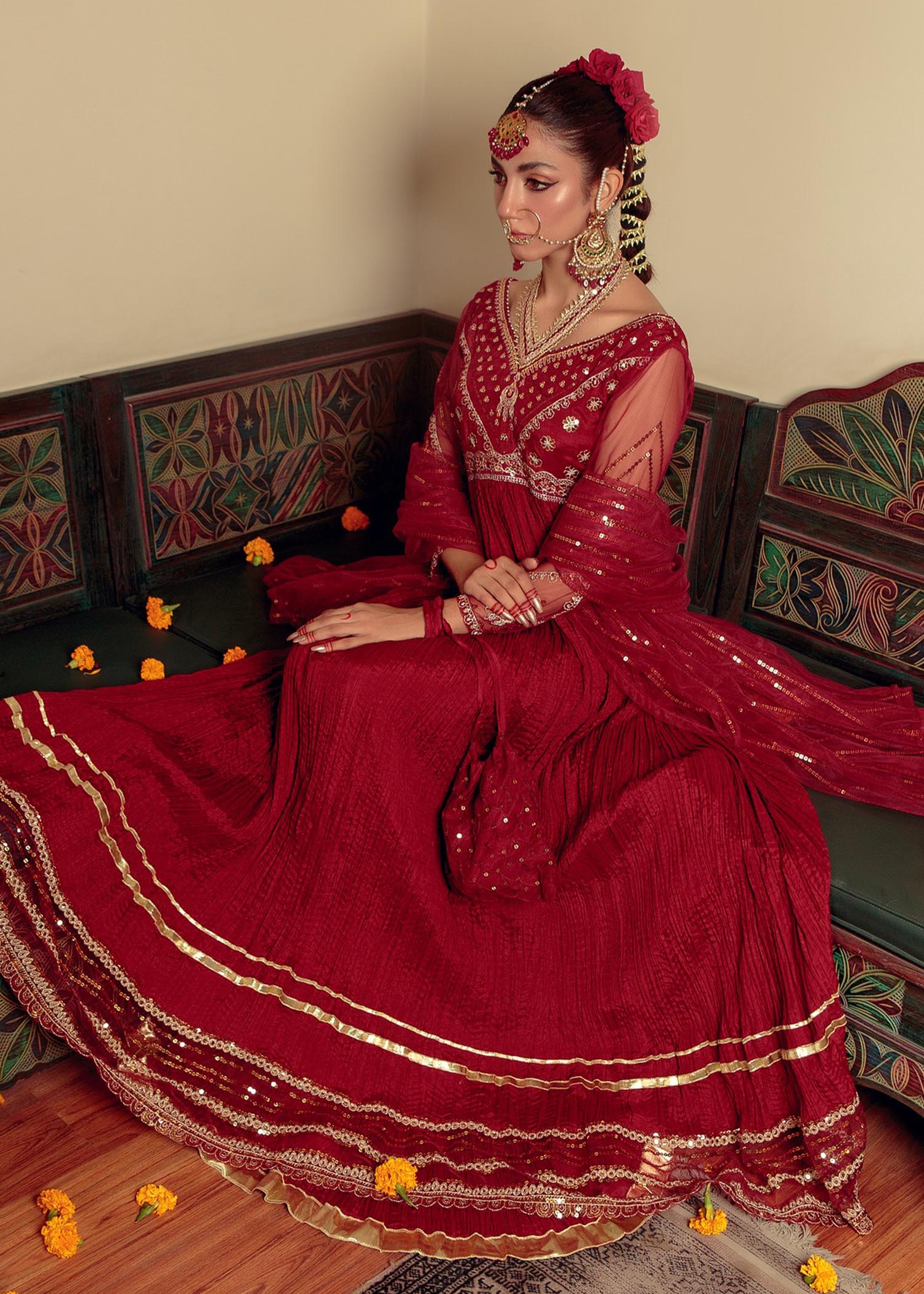 cotton silk Pishwas in Maroon