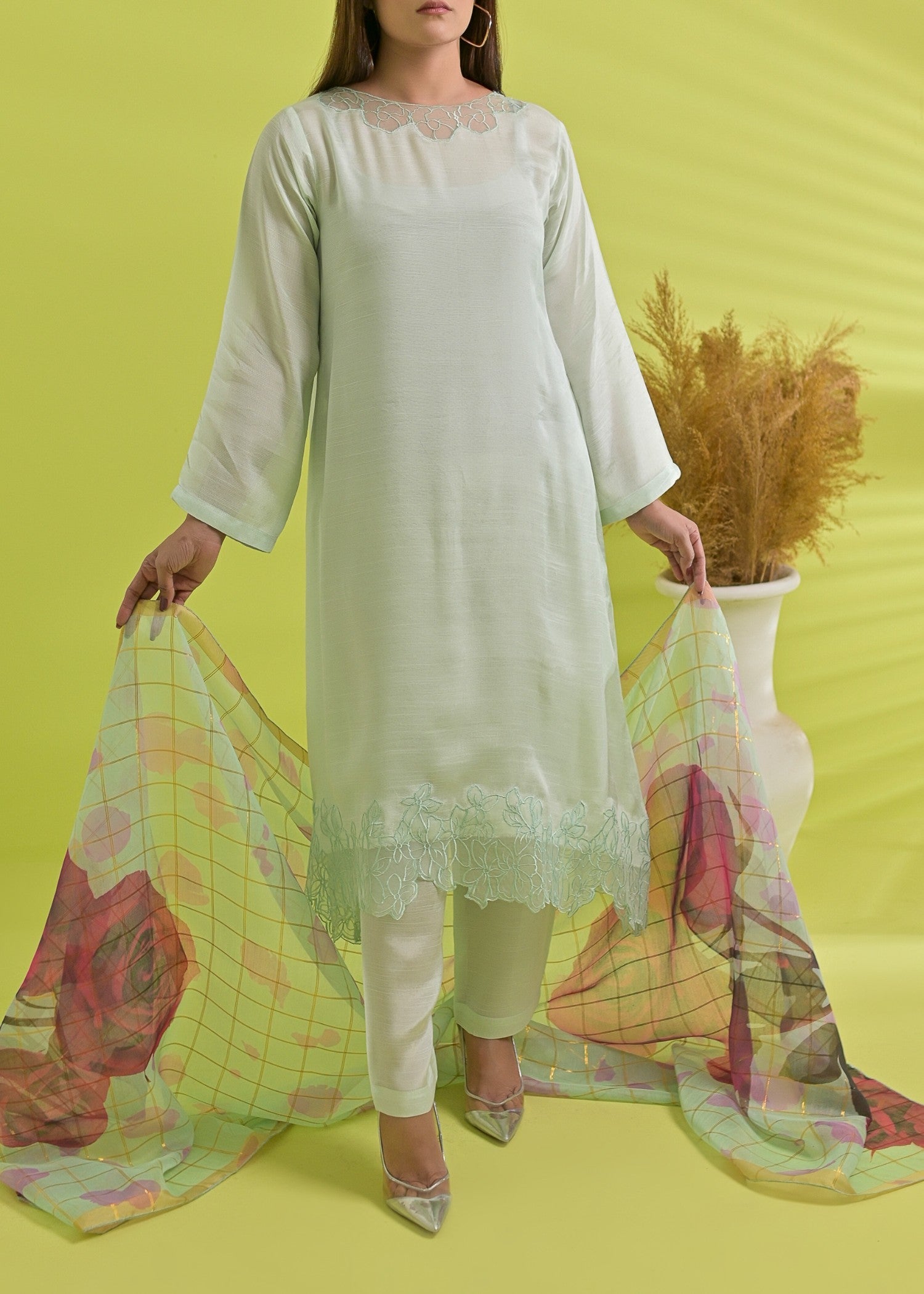 raw silk Pishwas in Mint green