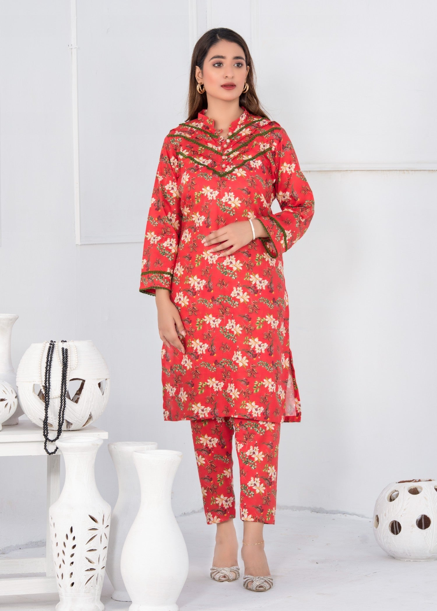 slub khaddar Unstitched in Coral pink
