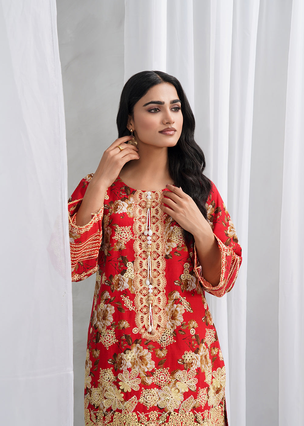 fine khaddar Kurta Set in Red