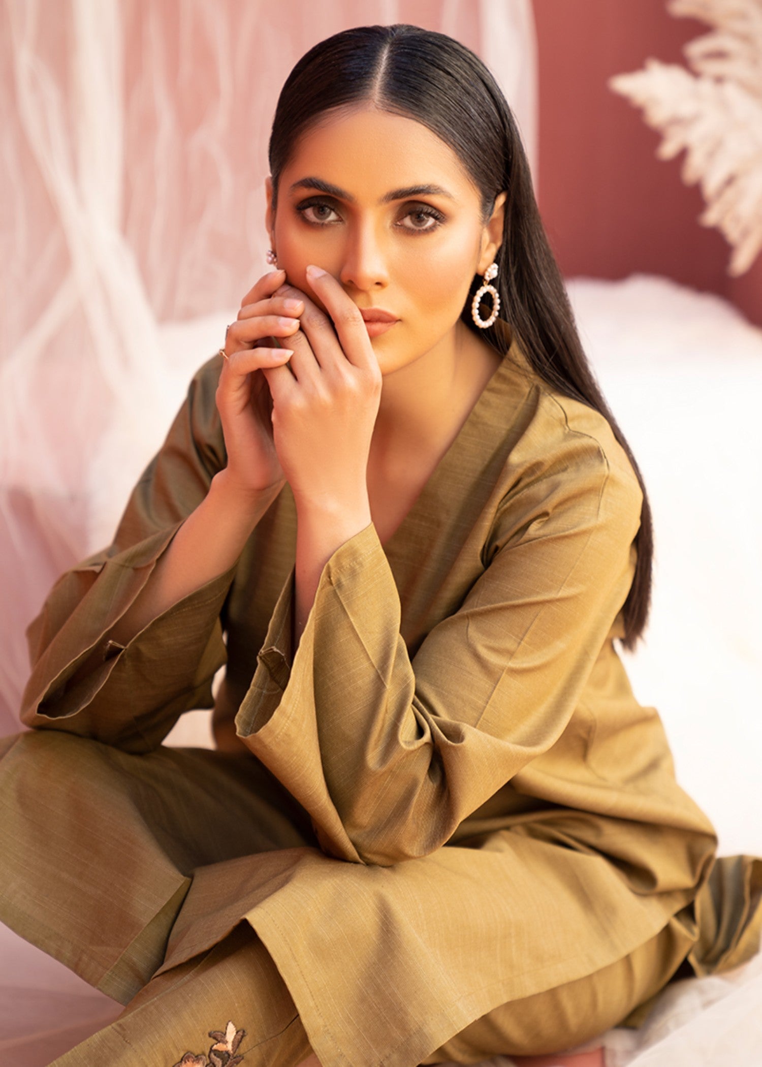 slub cambric Kurta Set in Olive green
