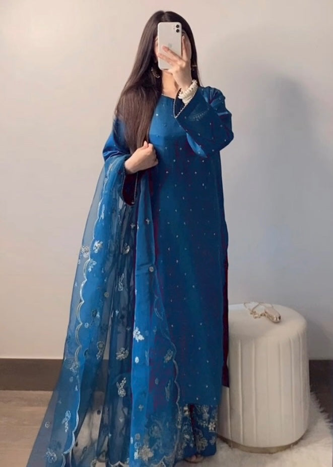 kattan silk Kurta Set in Blue