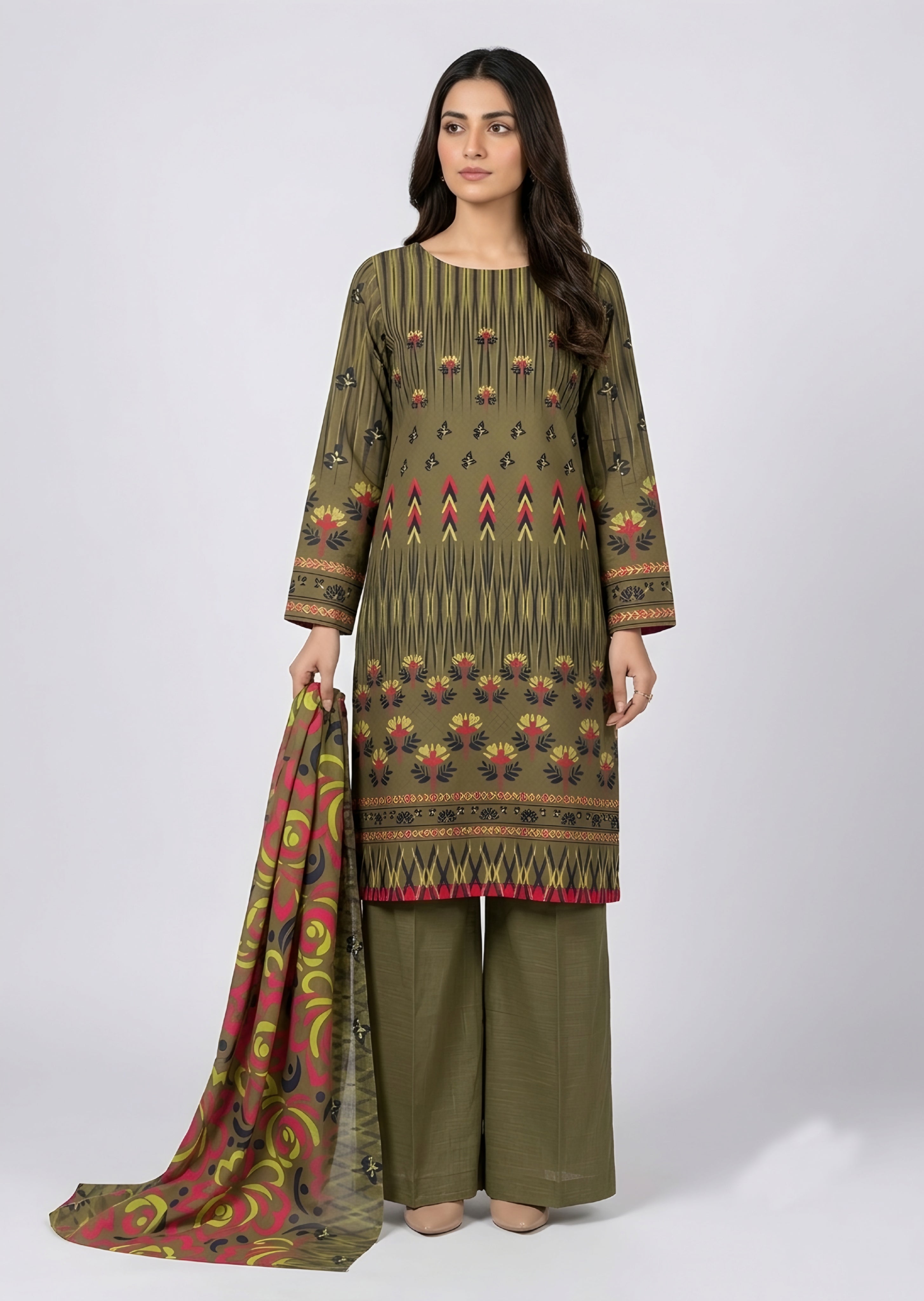 khaddar Unstitched in Army green