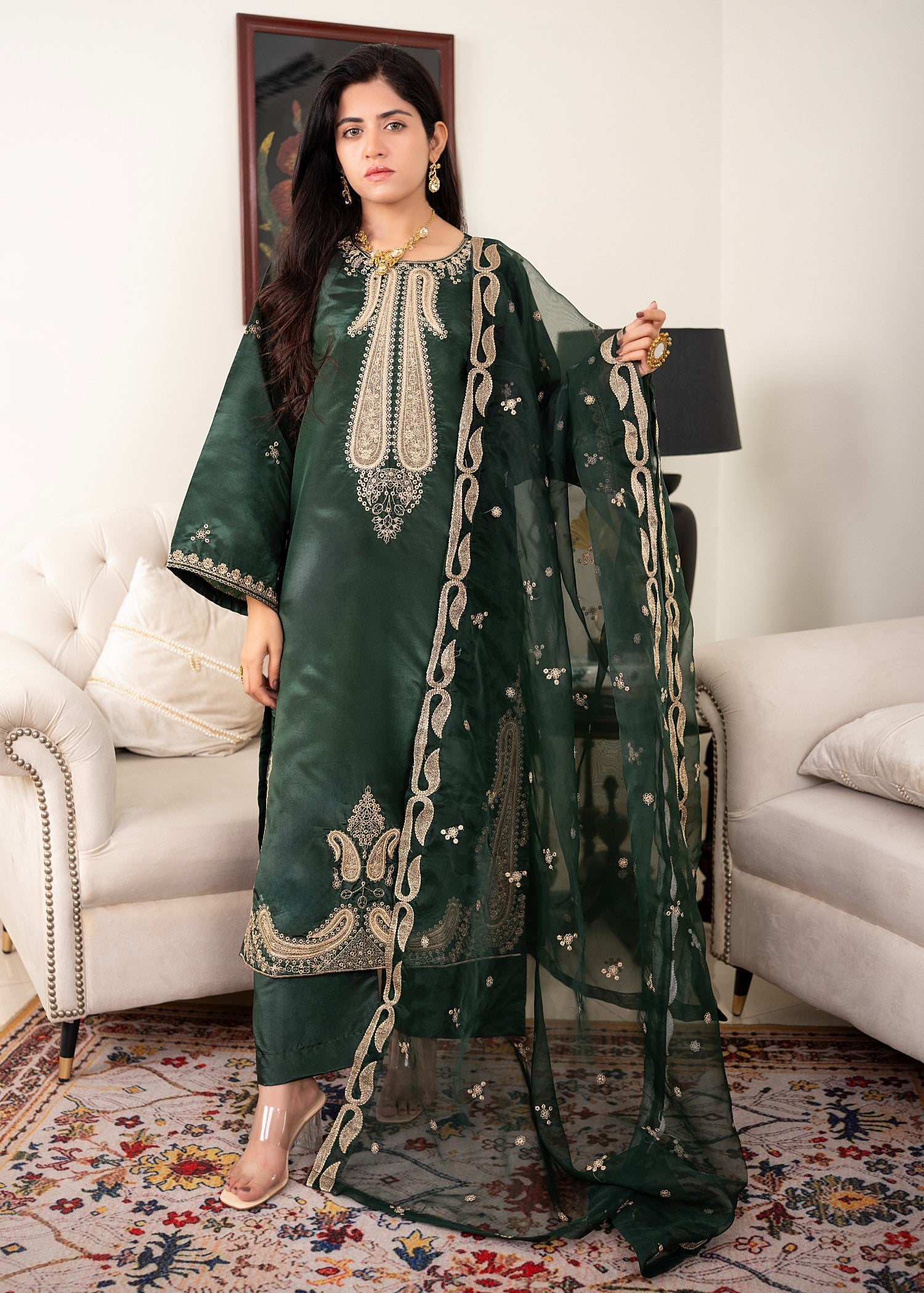kattan silk Kurta Set in Dark green
