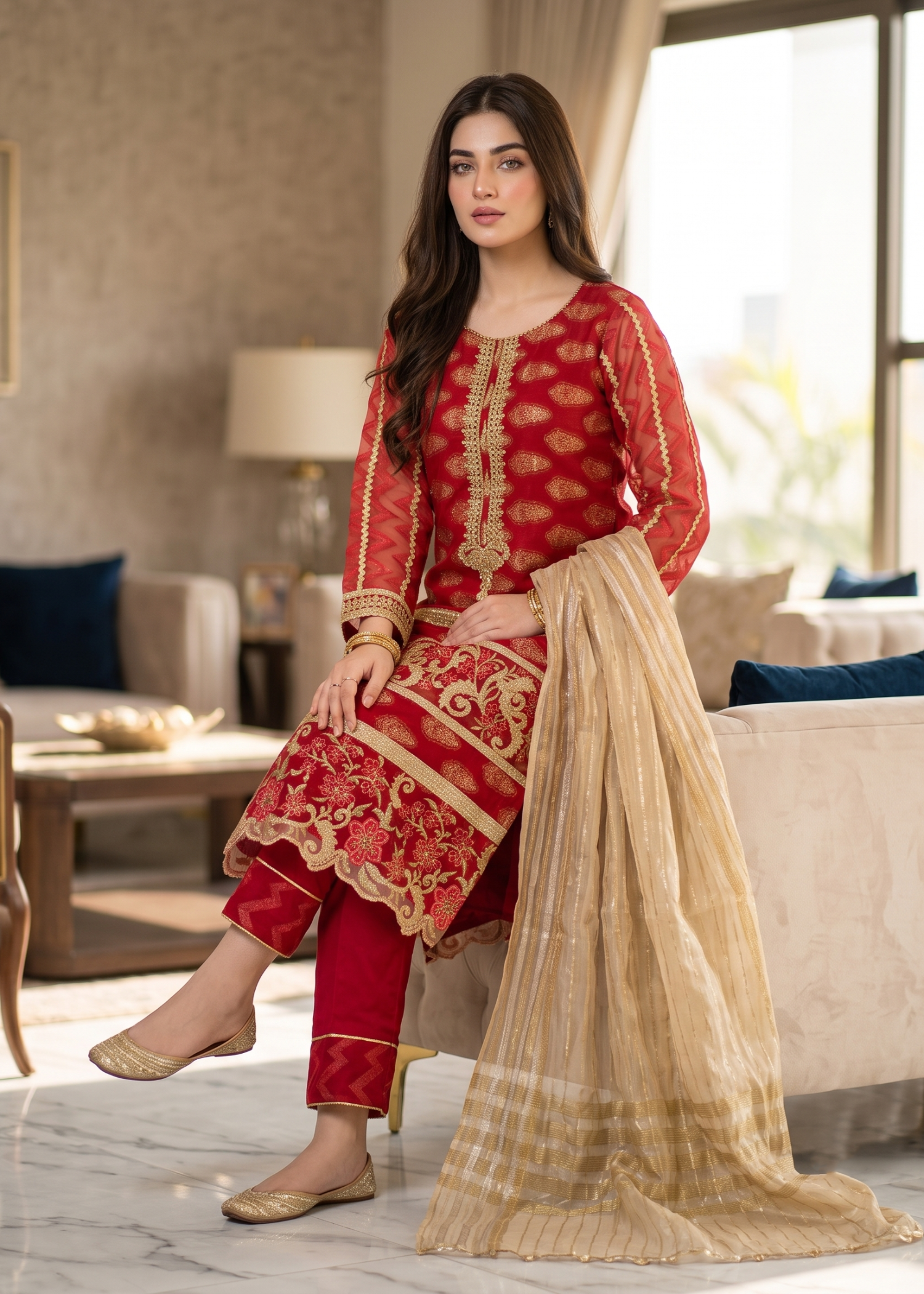 jacquard Kurta Set in Red
