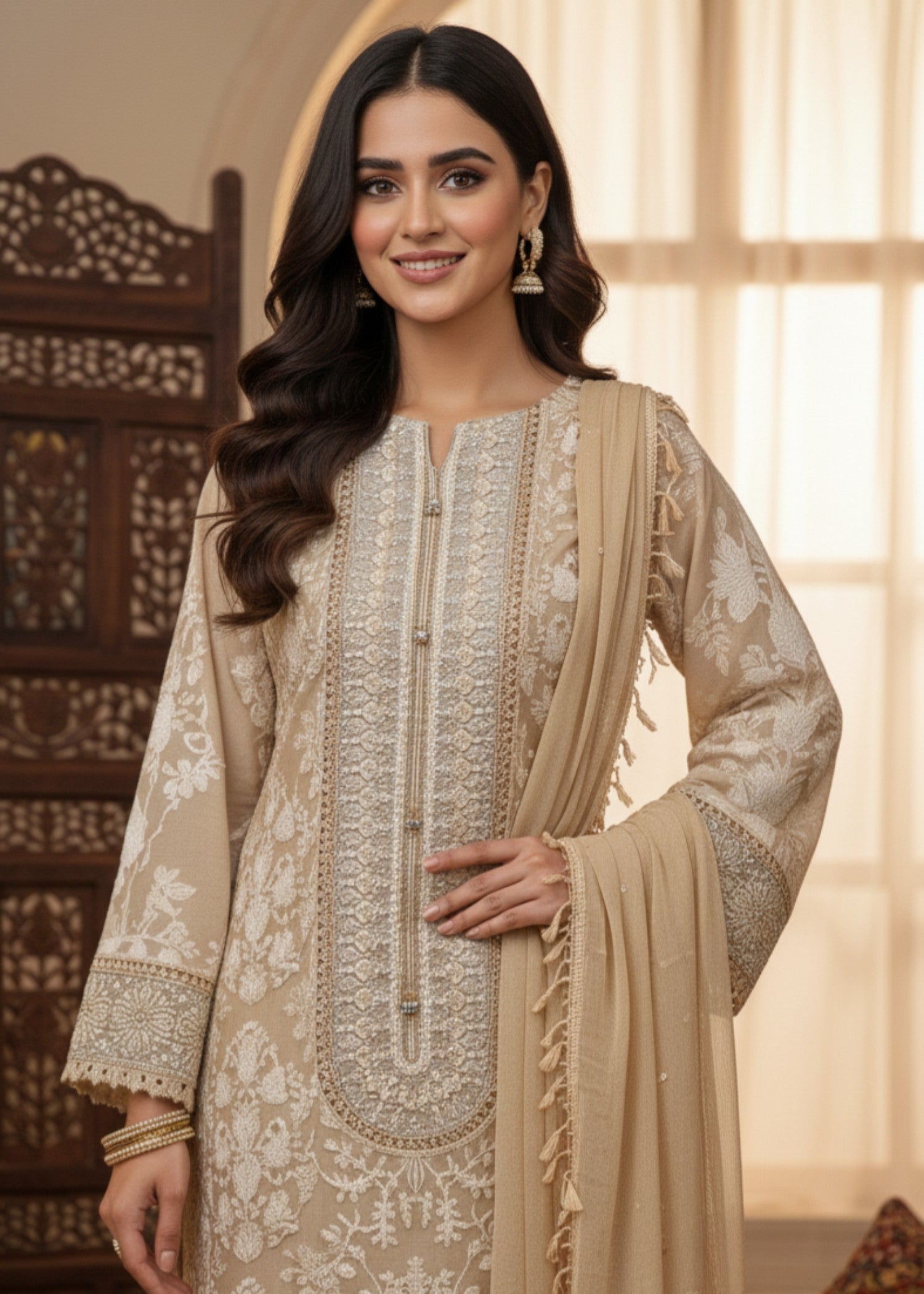 organza Kurta Set in Camel brown