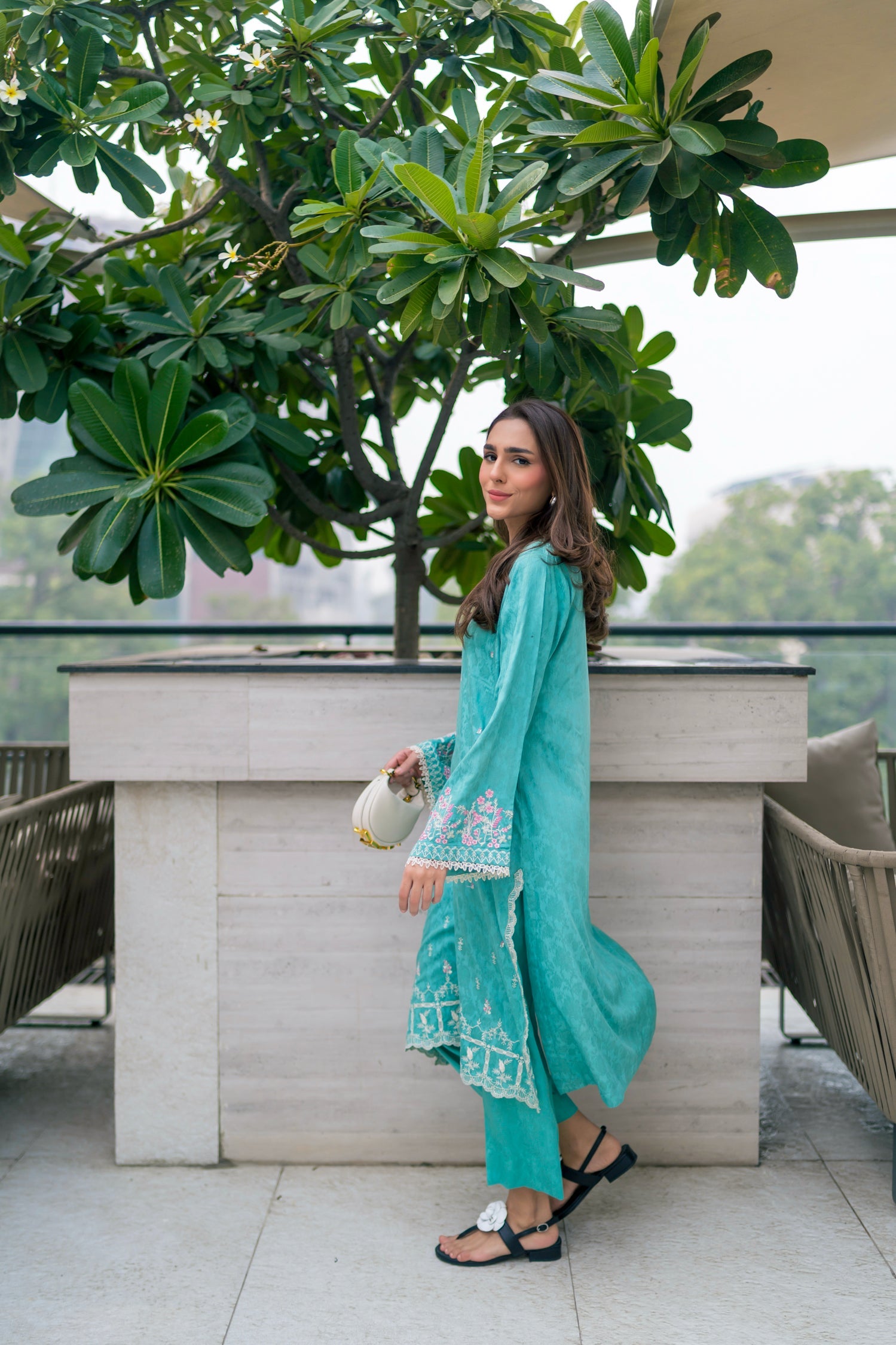jacquard Kurta Set in Sea green