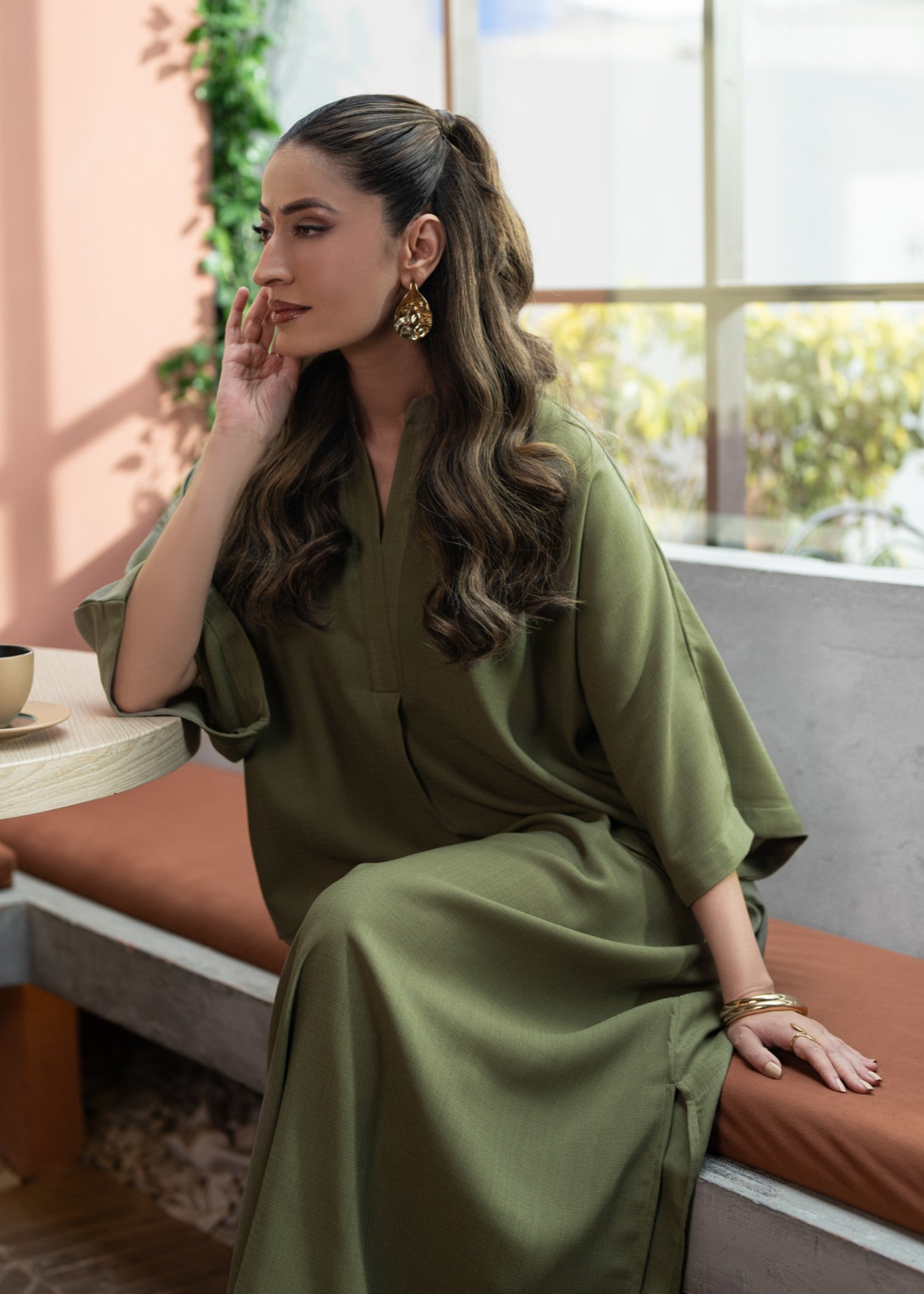 twill cotton Kaftan in Olive green