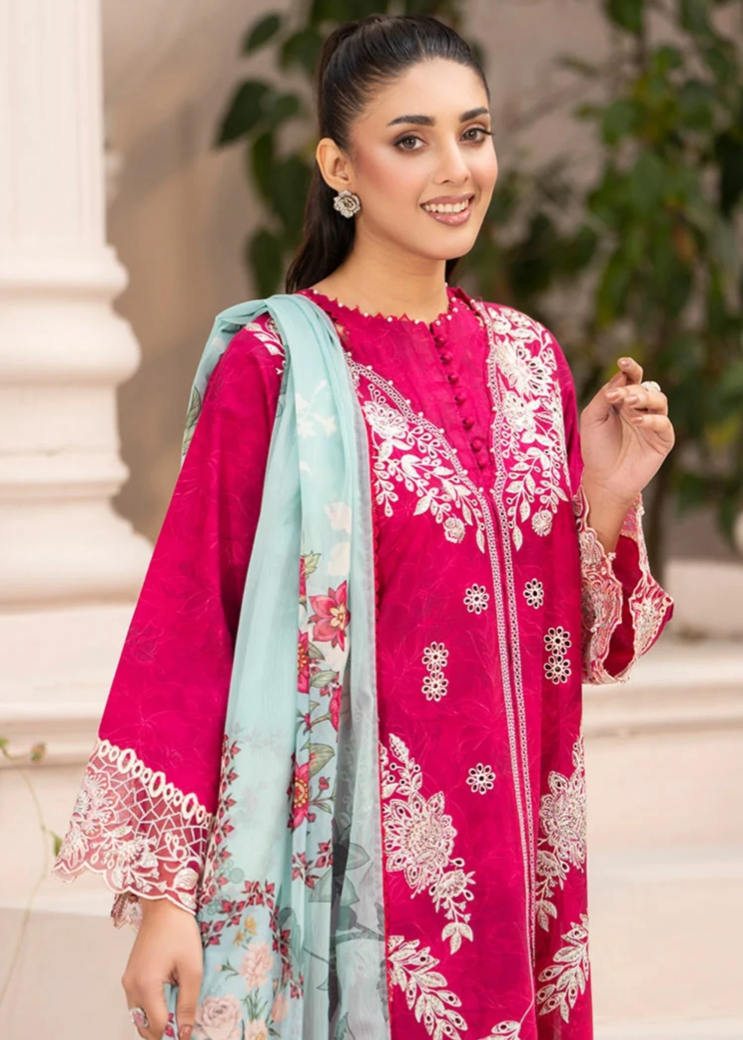 cambric Kurta Set in Shocking pink