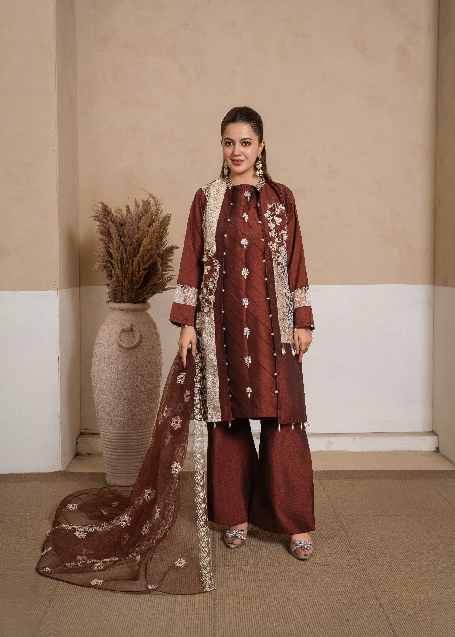 korean raw silk Gown in Brown