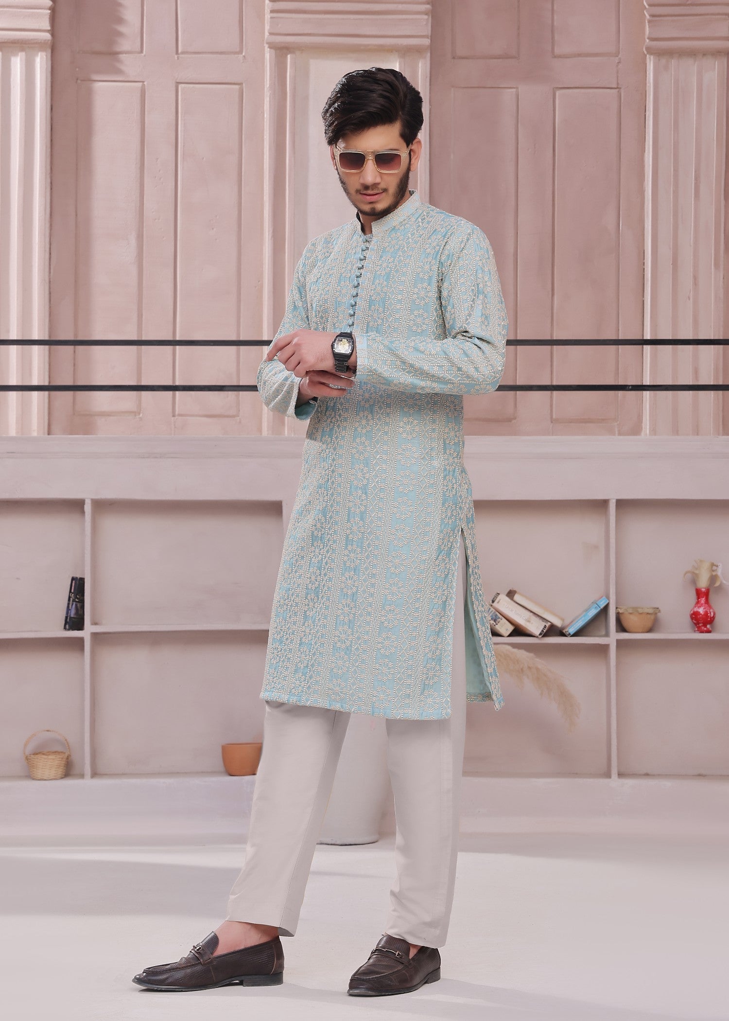 cotton silk Kurta Set in Aquamarine