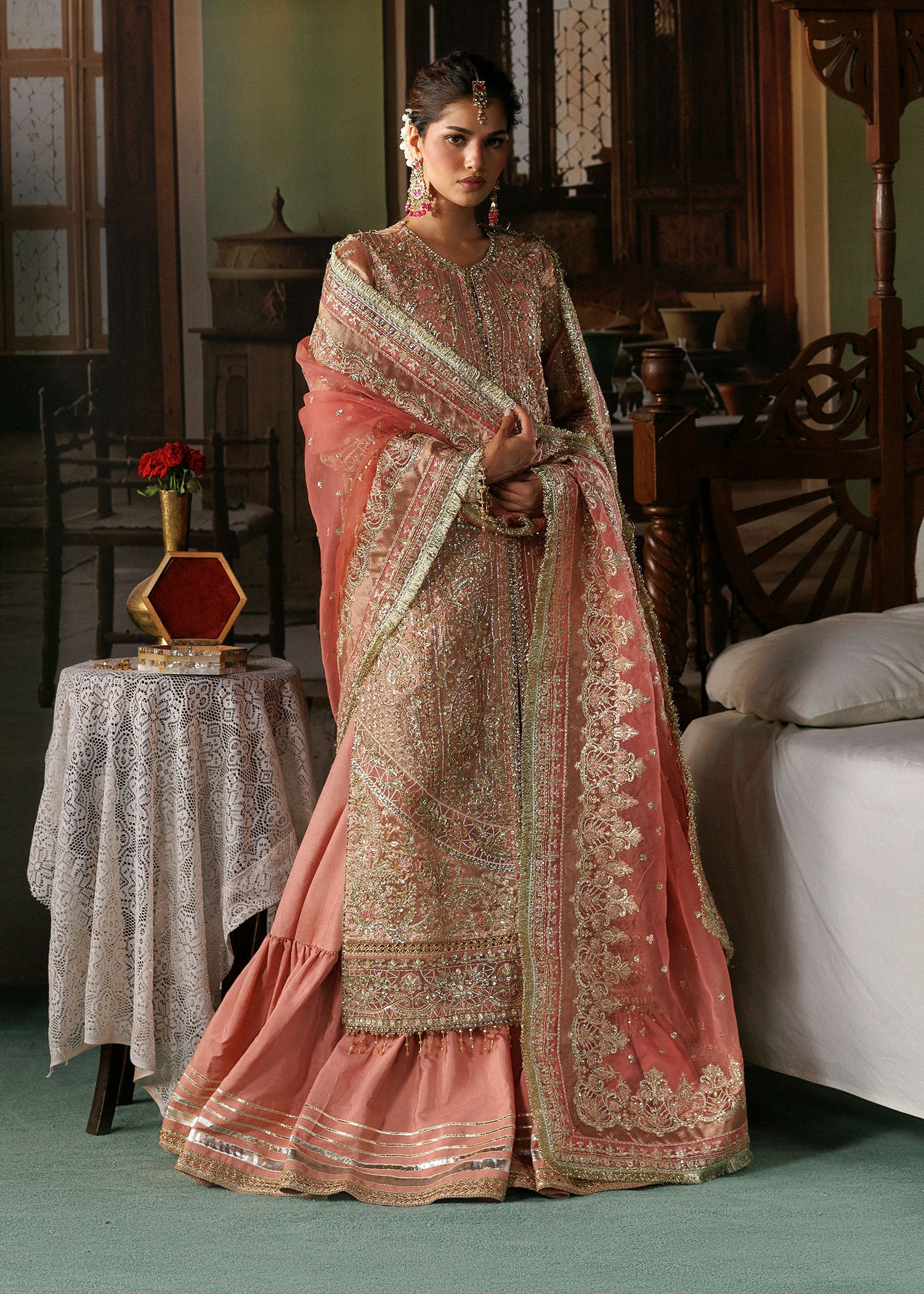 zari tissue Unstitched in Peach pink