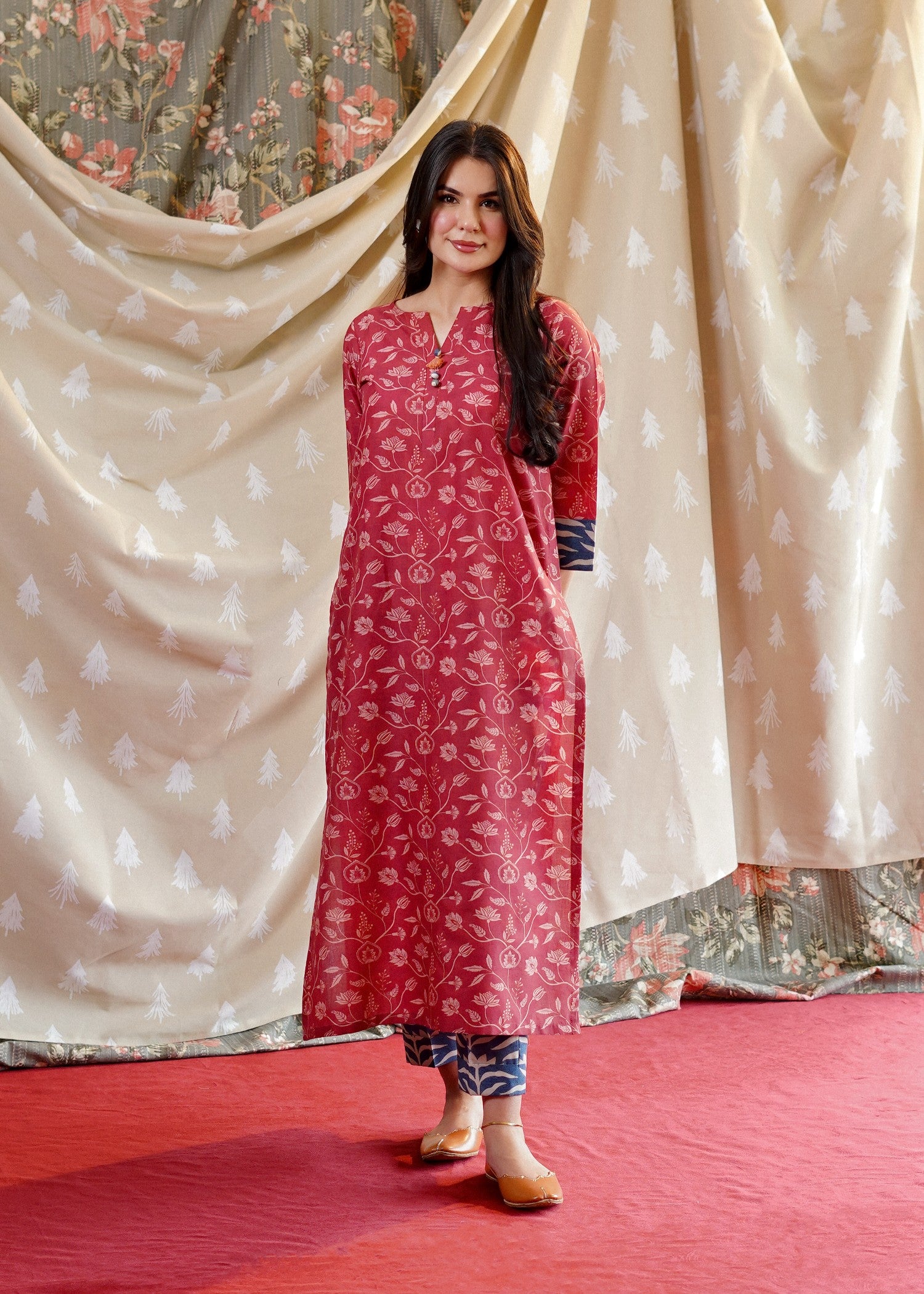 lawn Kurta Set in Brick red