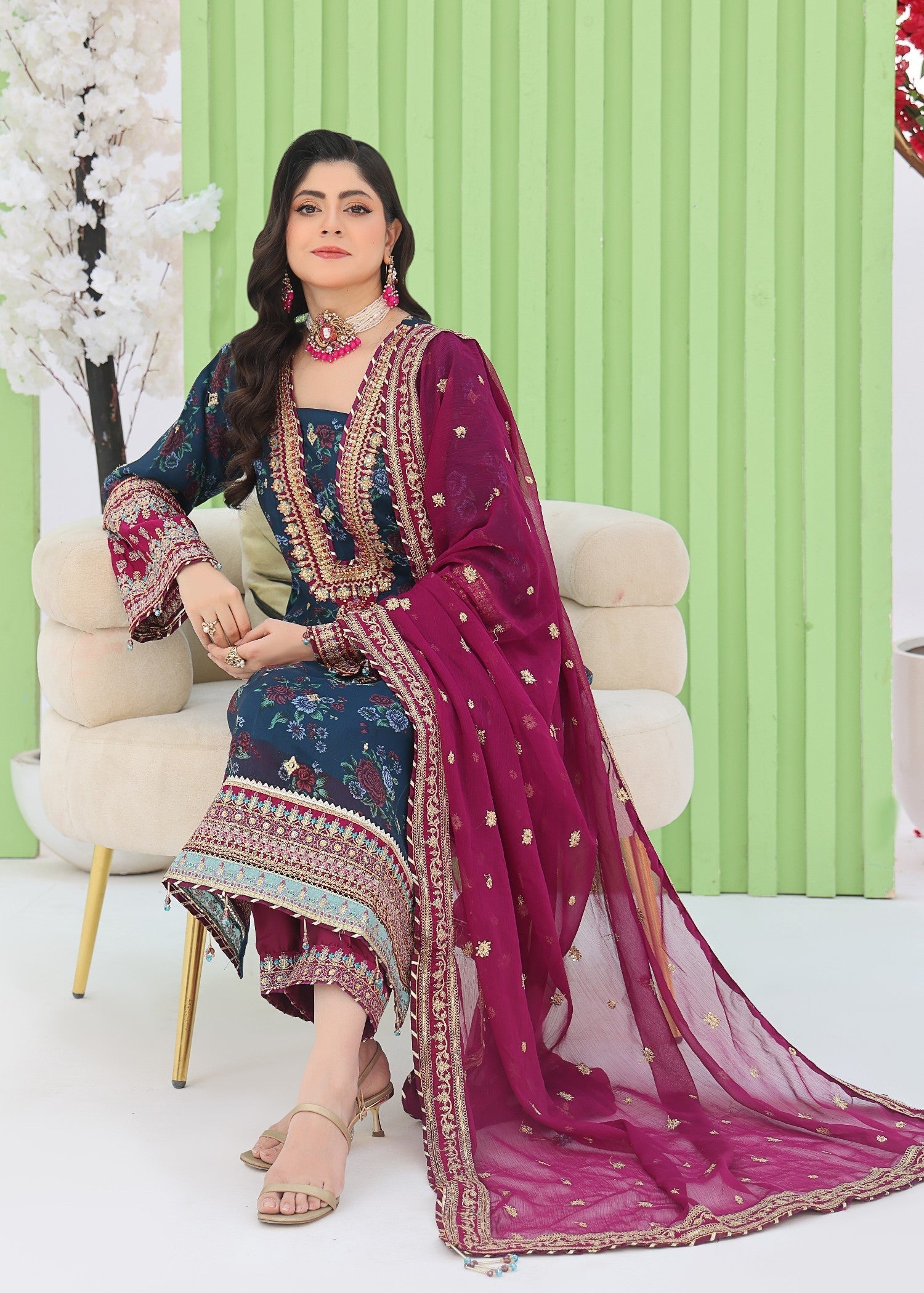 chiffon Kurta Set in Aegean blue