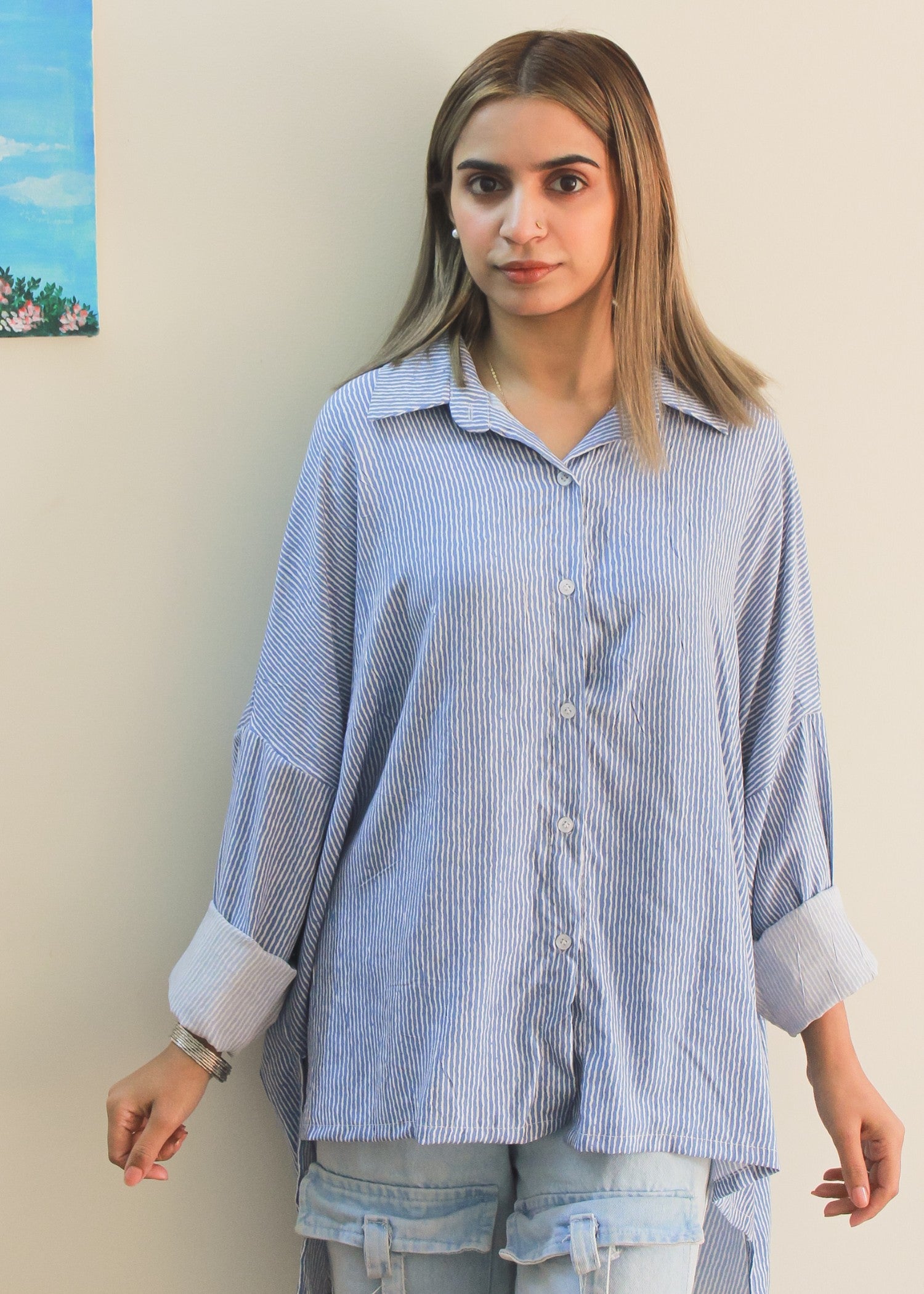 linen Top in Ice blue, pink