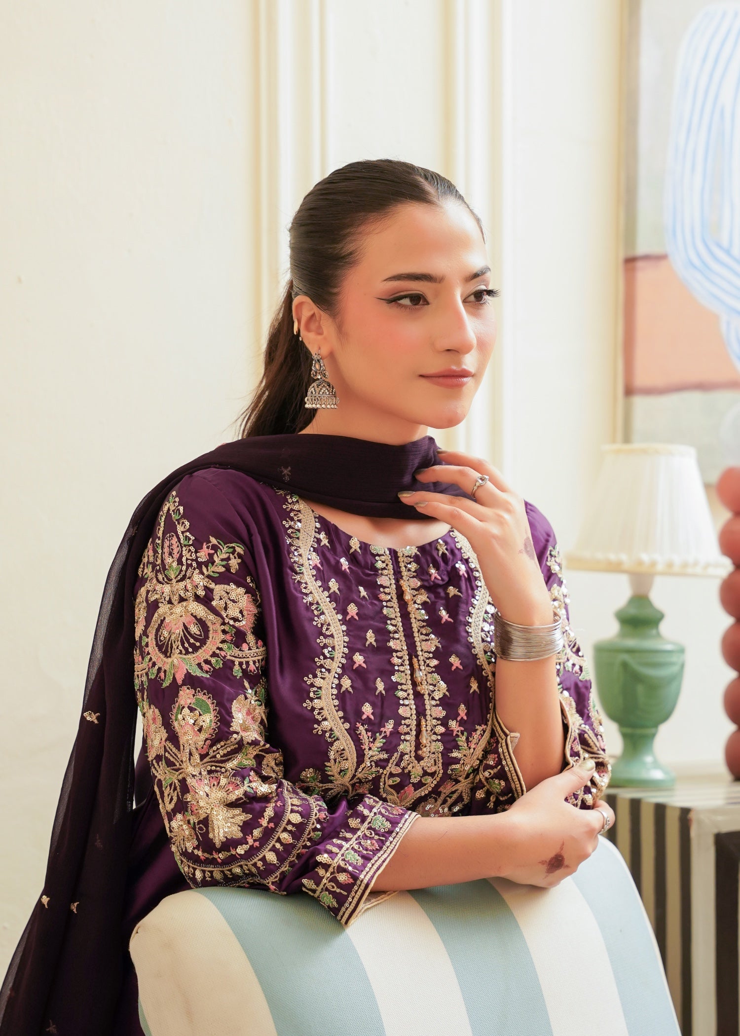 silk Kurta Set in Plum