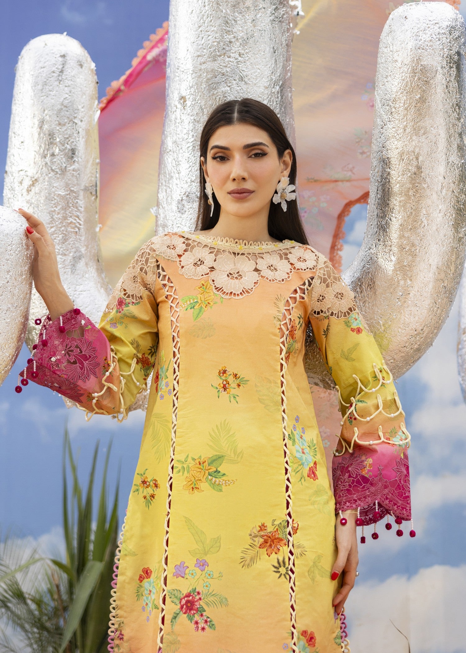 lawn Unstitched in Gold, shocking pink