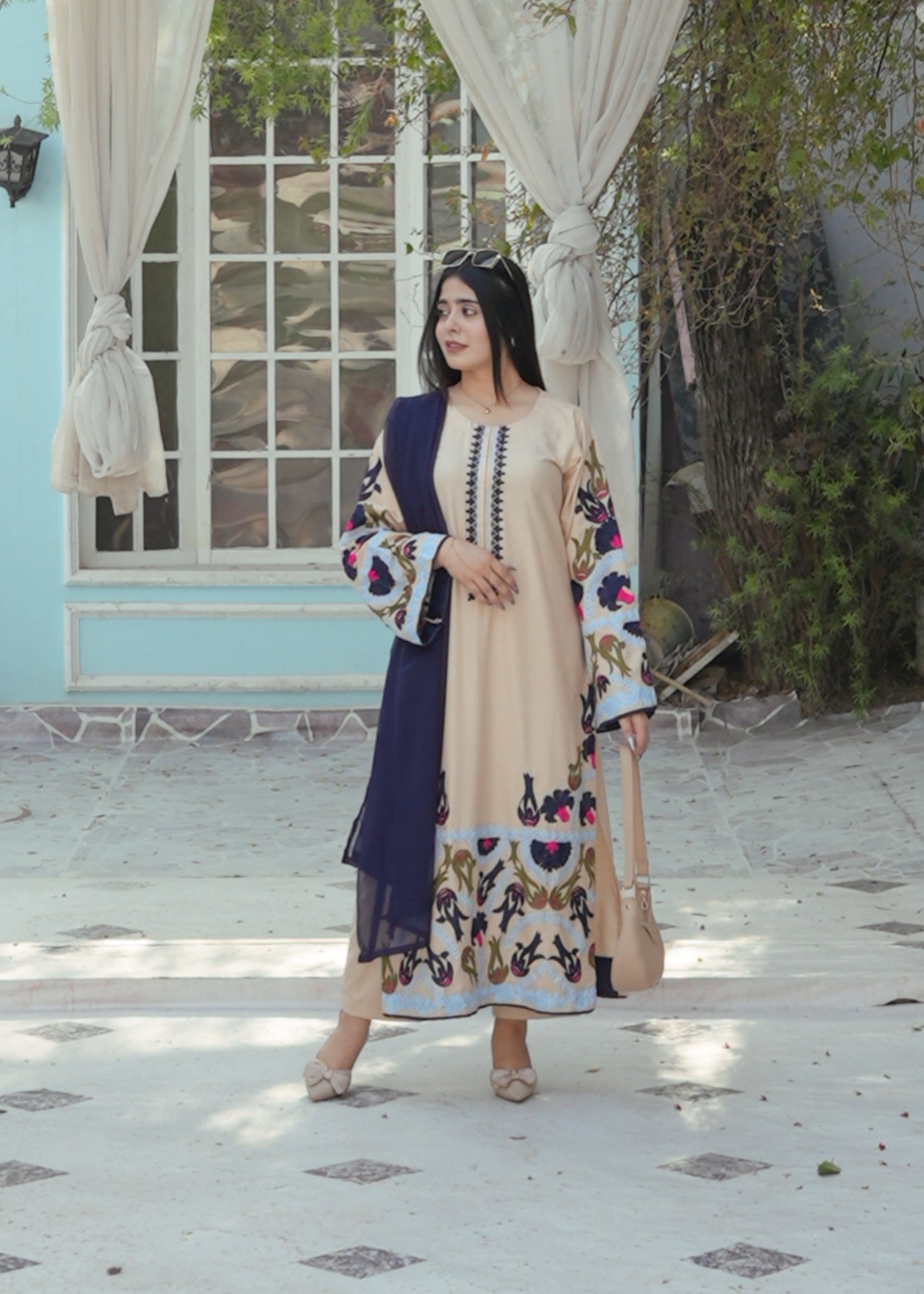 cotton Kurta Set in Beige, navy blue