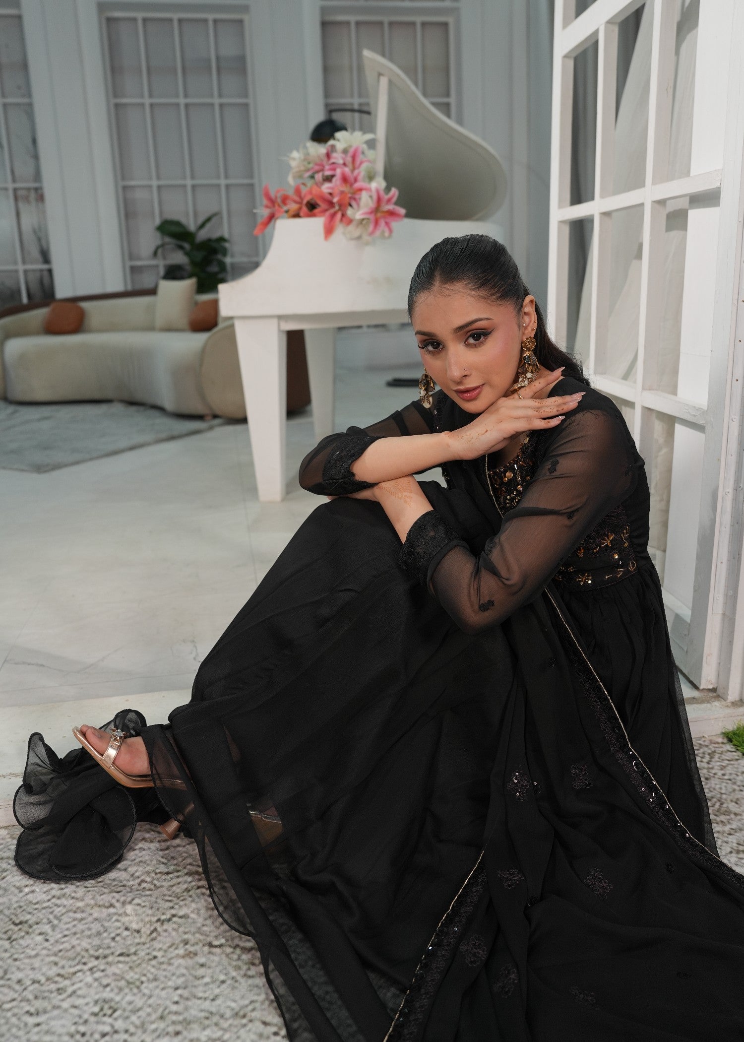 crinkle chiffon Maxi in Black