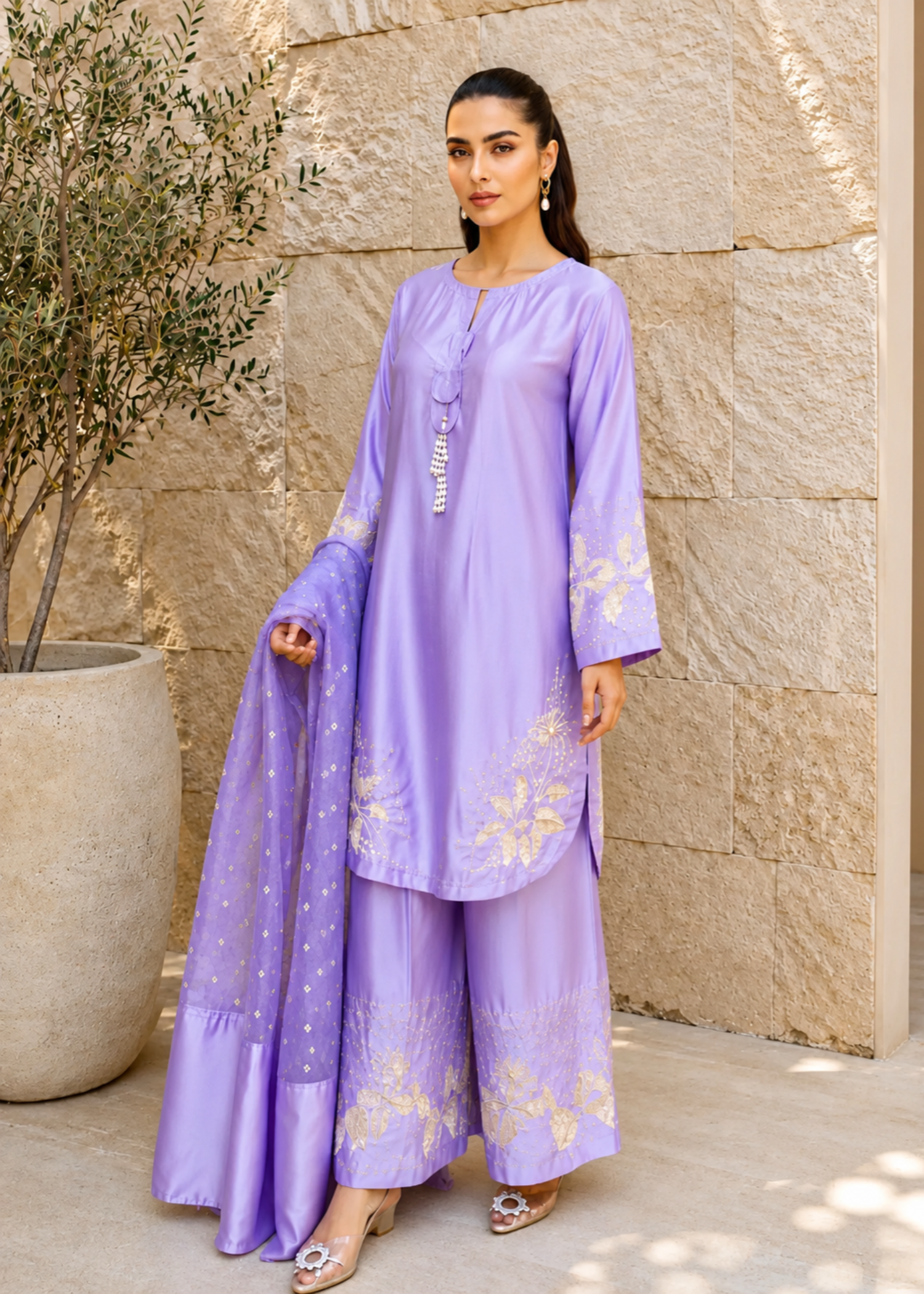 polyester charmeuse Kurta Set in Lilac