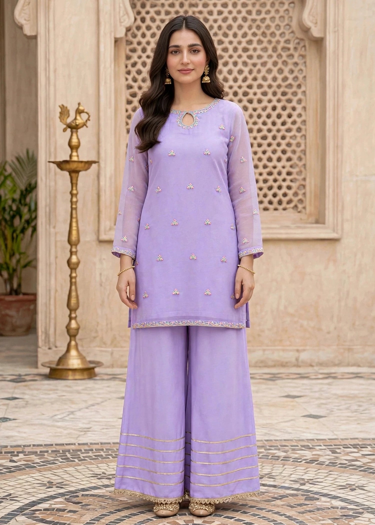 chiffon Gharara in Bright lavender