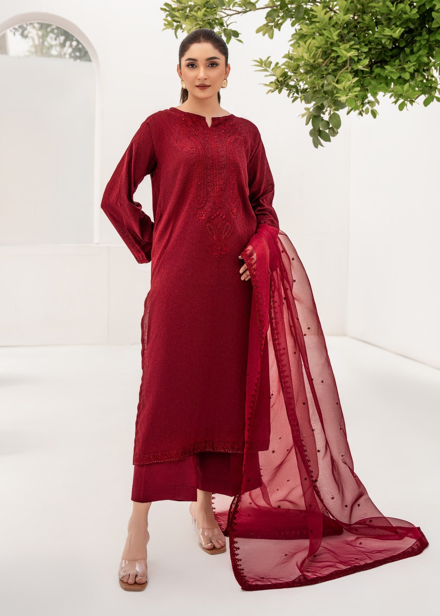 textured lawn Kurta Set in Maroon