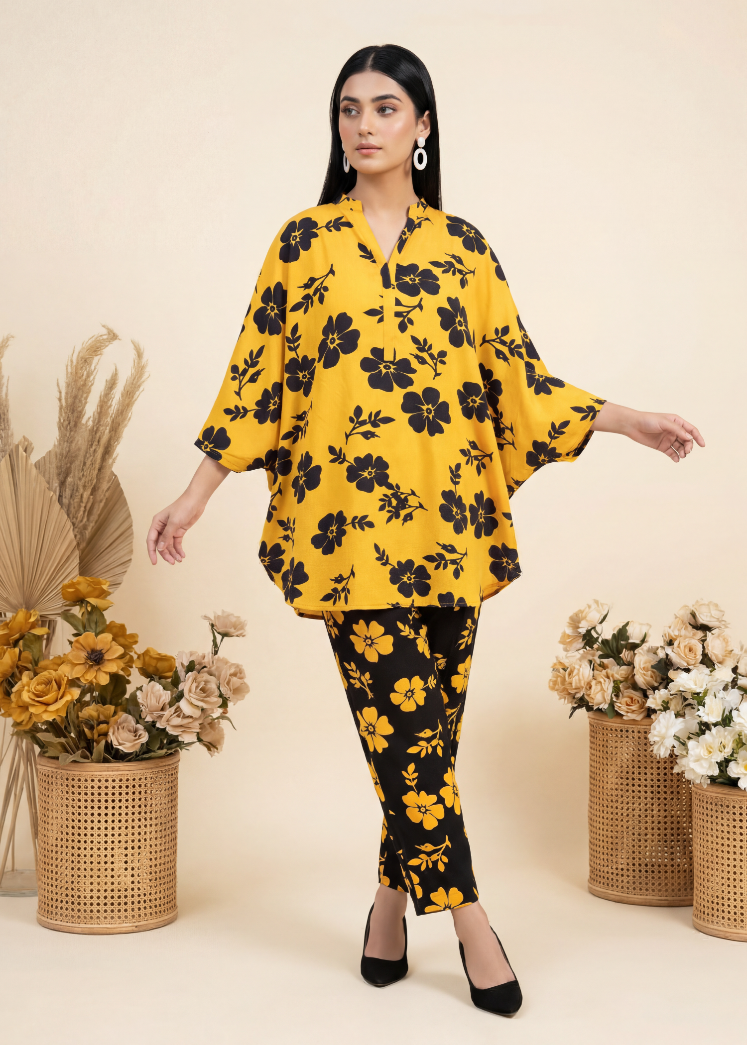 arabic lawn Co ord Sets in Black, yellow