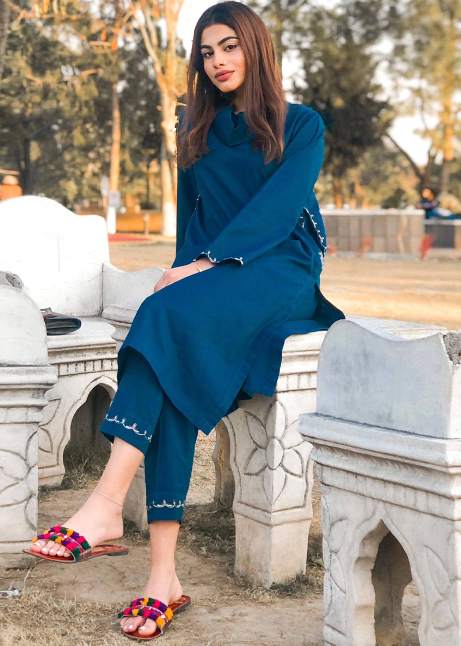twill cambric Kurta Set in Teal