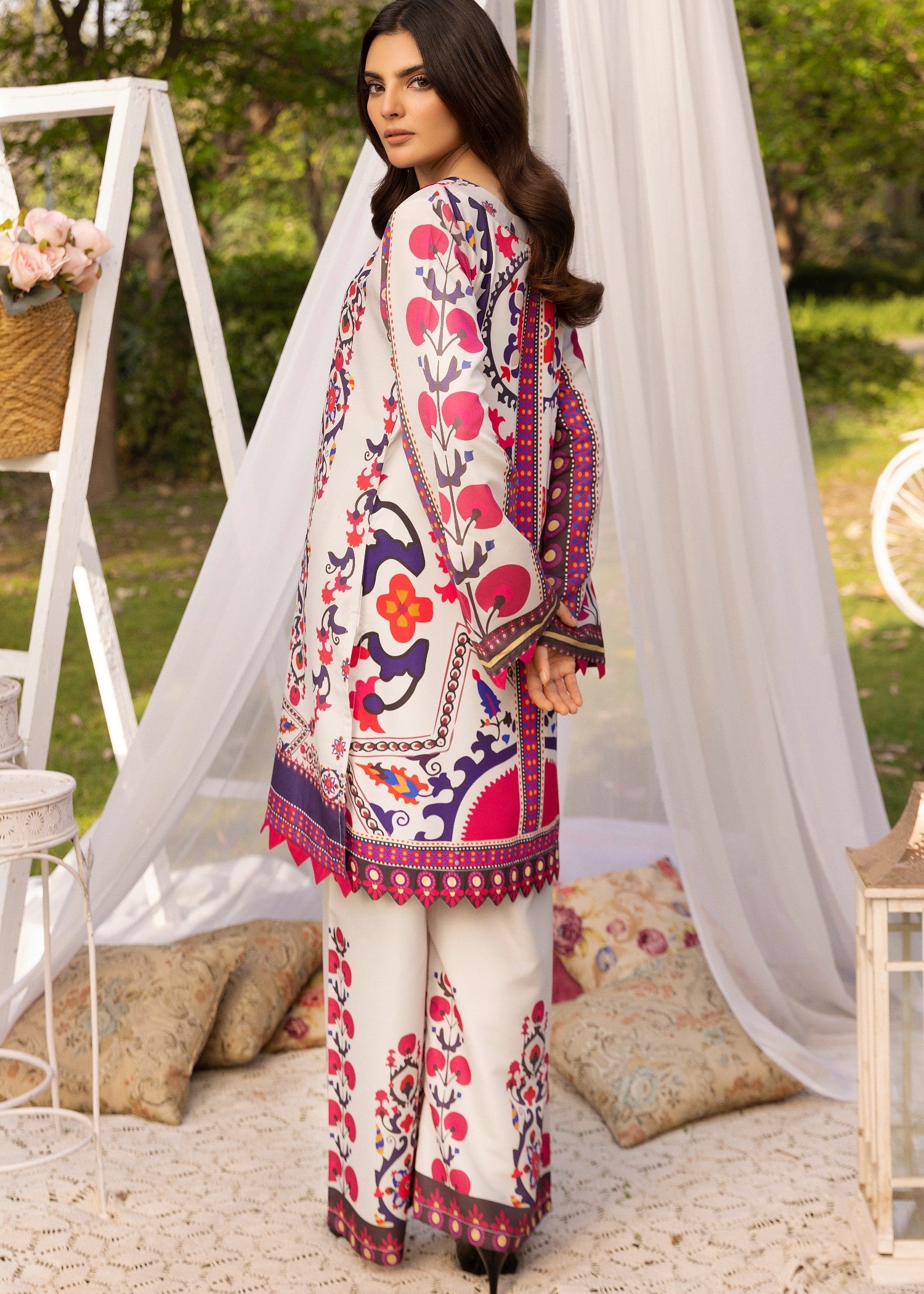 lawn Co Ord Sets in White, hot pink red
