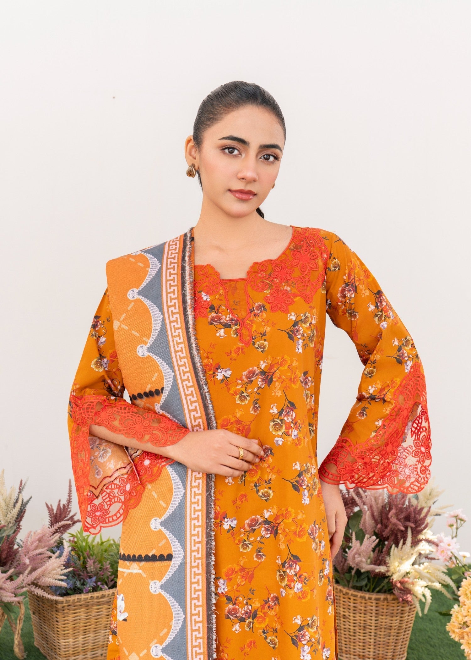 cambric Kurta Set in Orange