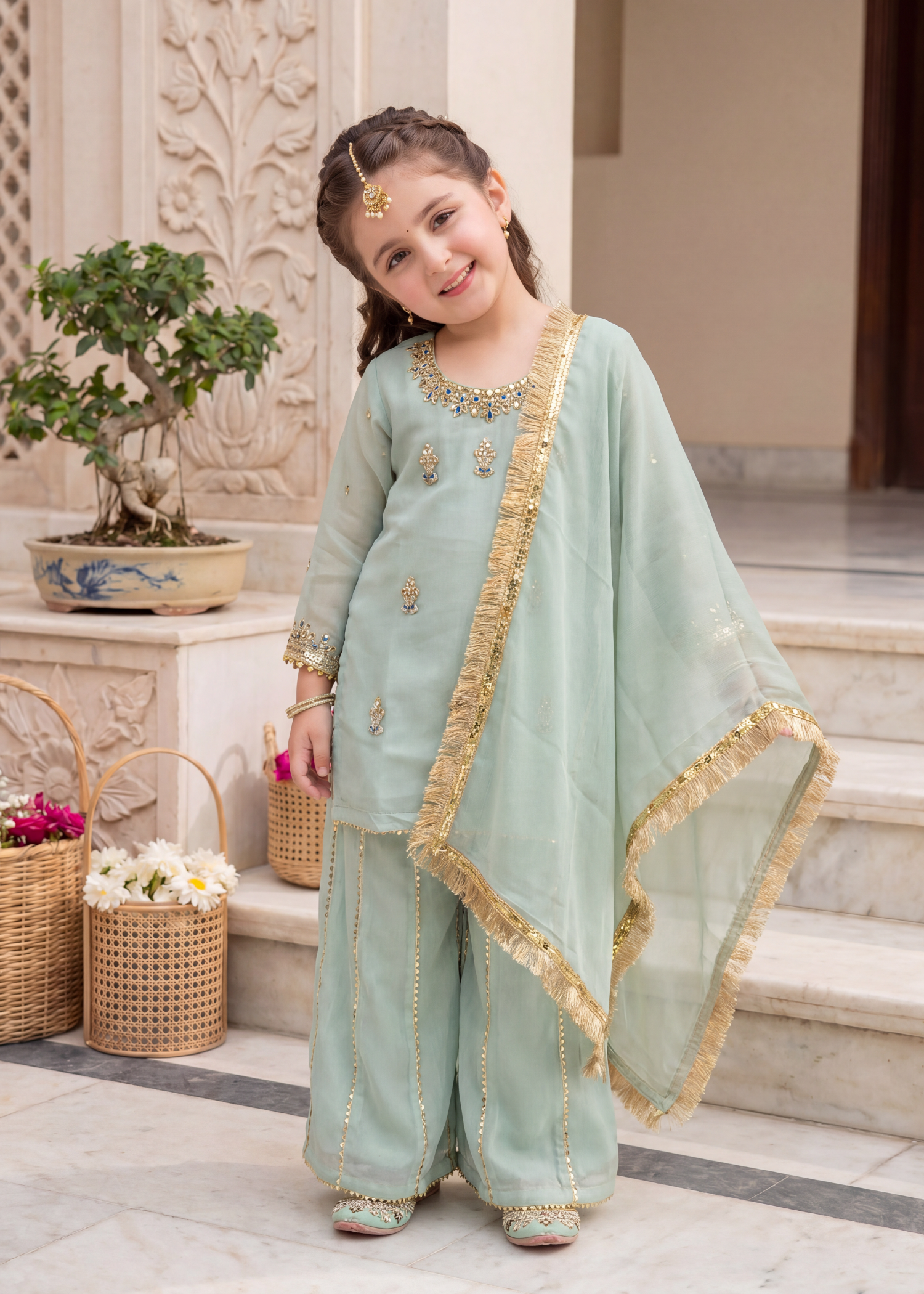 chiffon Kurta Set in Tea green