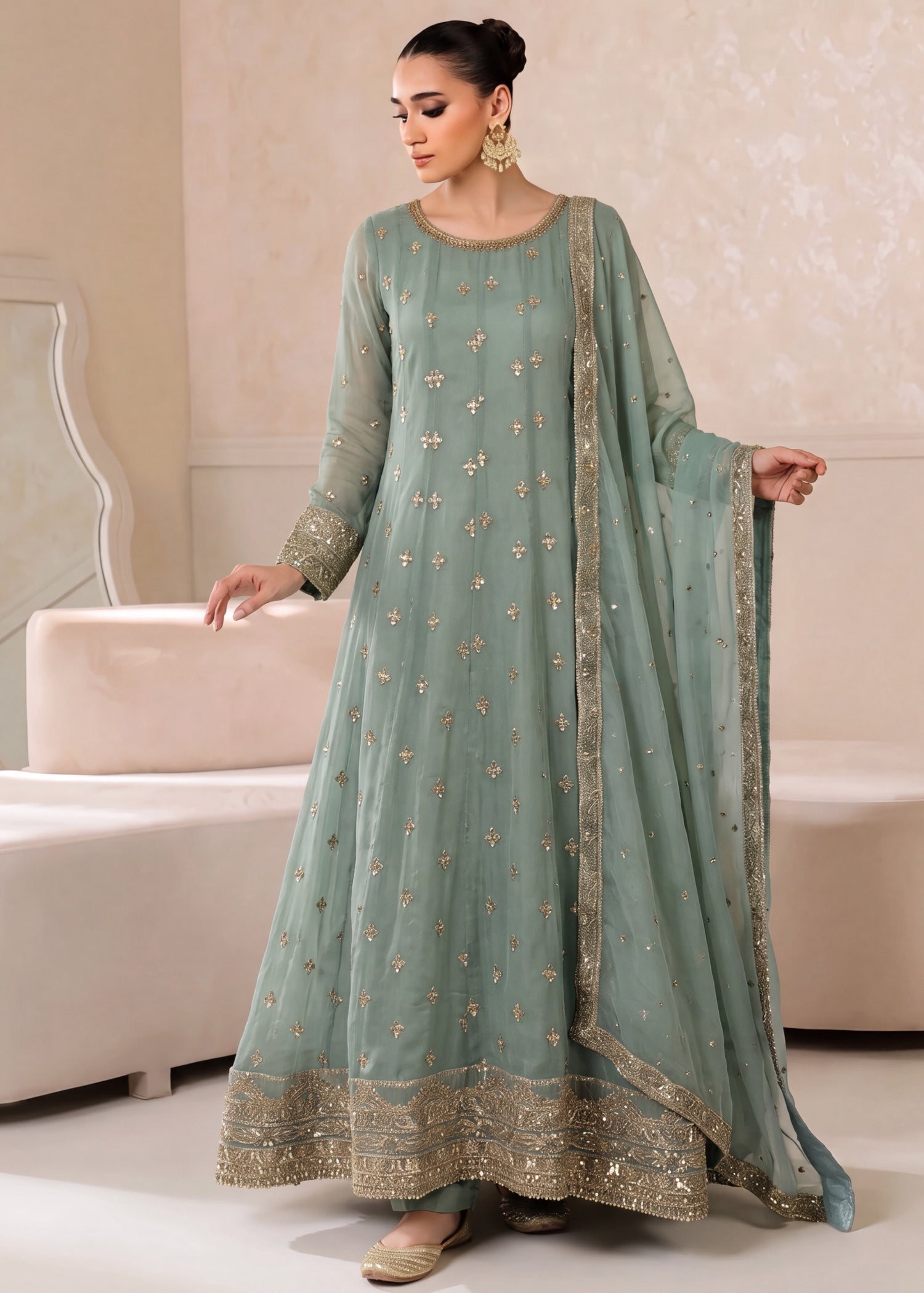 chiffon Pishwas in Moss green